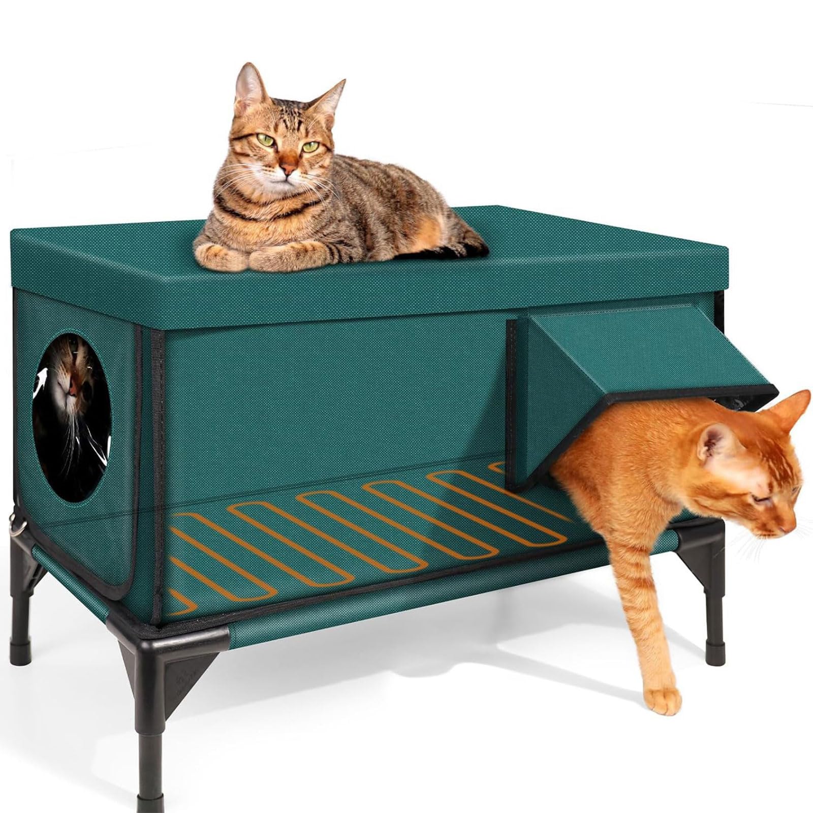 Elevated Base Heated Cat House, Insulated Outdoor Cat Shelter with Two Exits, Cat House for Outside Winter with Safe Escape Door & Magnetic Lock, Weatherproof, for Feral Barn Cat malachite green L