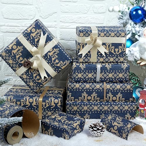 Miniatura 7 de Rollo de papel de regalo de Navidad, papel de estraza azul marino, 17 pulgadas x 49 pies, copo de nieve, diseño floral de Navidad y reno, papel de