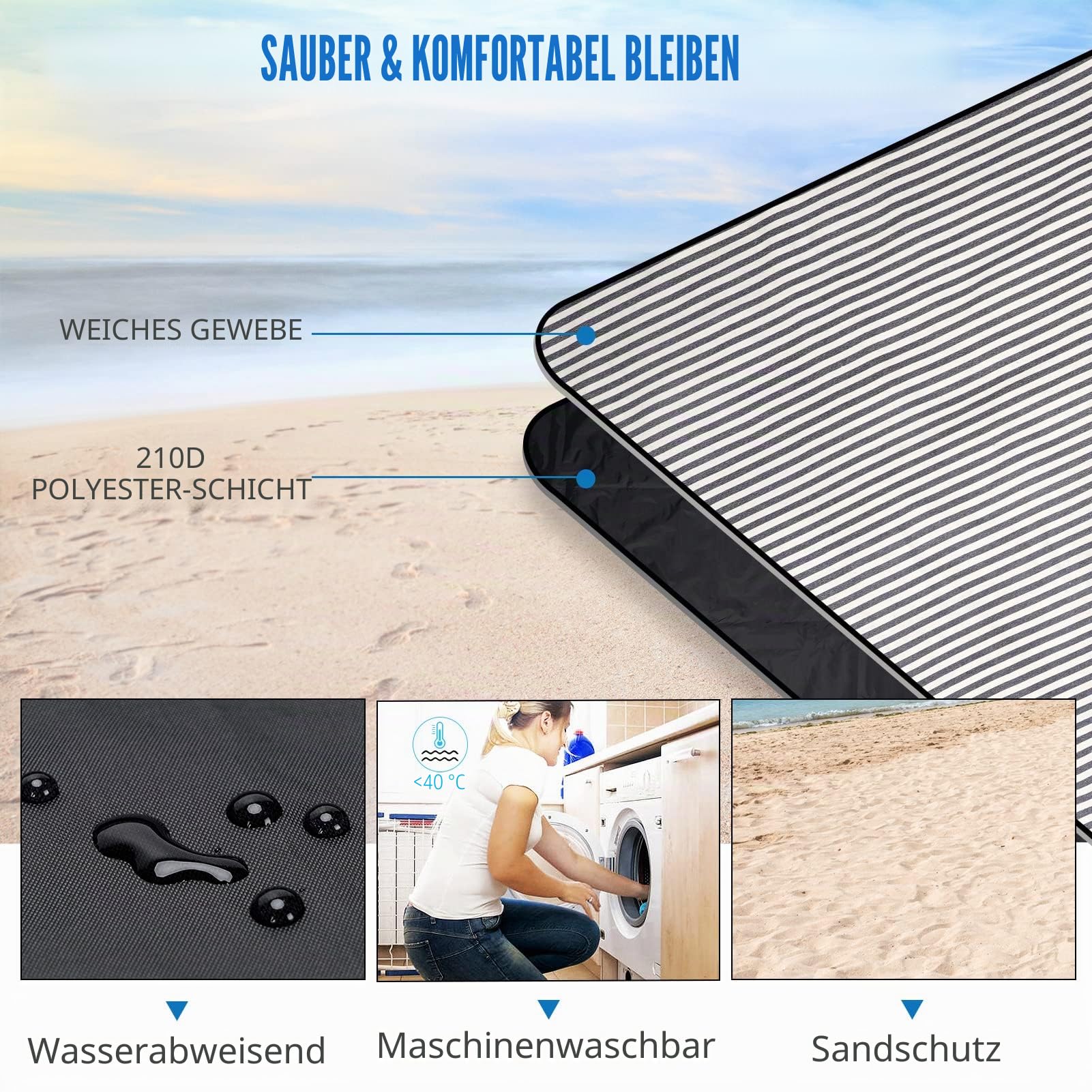 G Good GAIN wasserdichte und tragbare Picknickdecke mit Tragegurt, Strand- oder Familien-Campingmatte, extra große Faltbare Picknickmatte, sanddicht zum Wandern, 145 x 200 cm