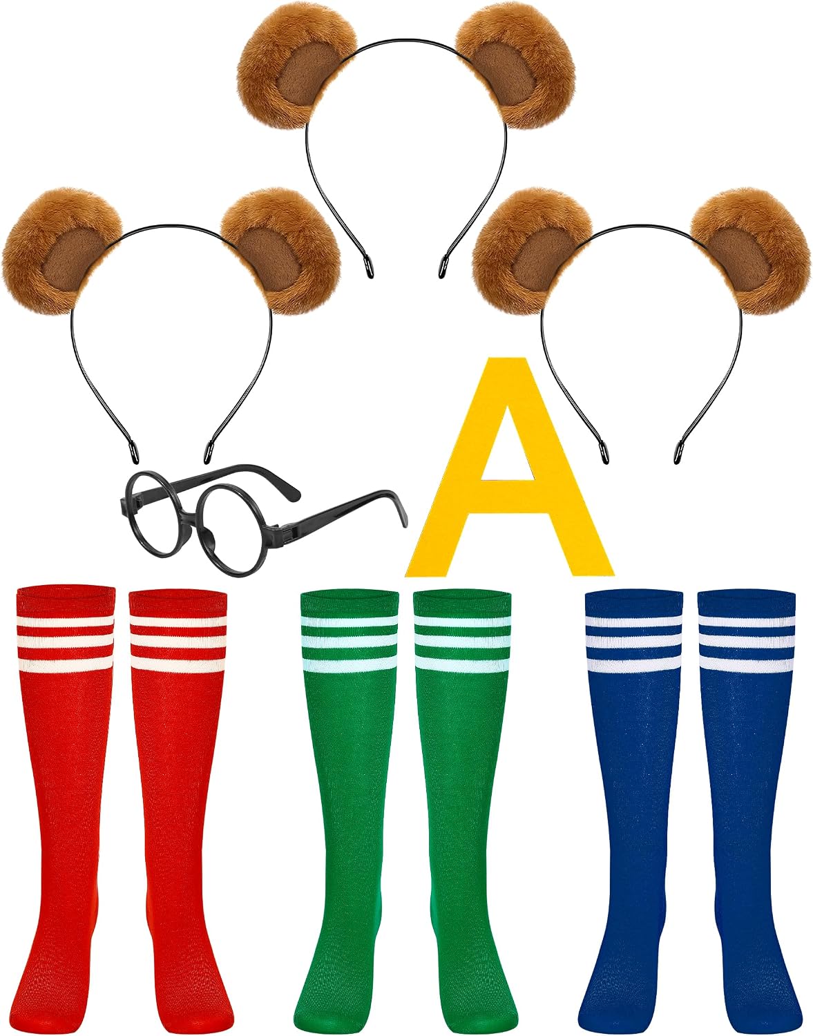 MUKOSEL Chipmunks Costumes Set Chipmunk Ears Headband Round Frame Glasses Knee-High Socks A-Shaped Sticker for Halloween Costume Accessories Cosplay Party Supplies