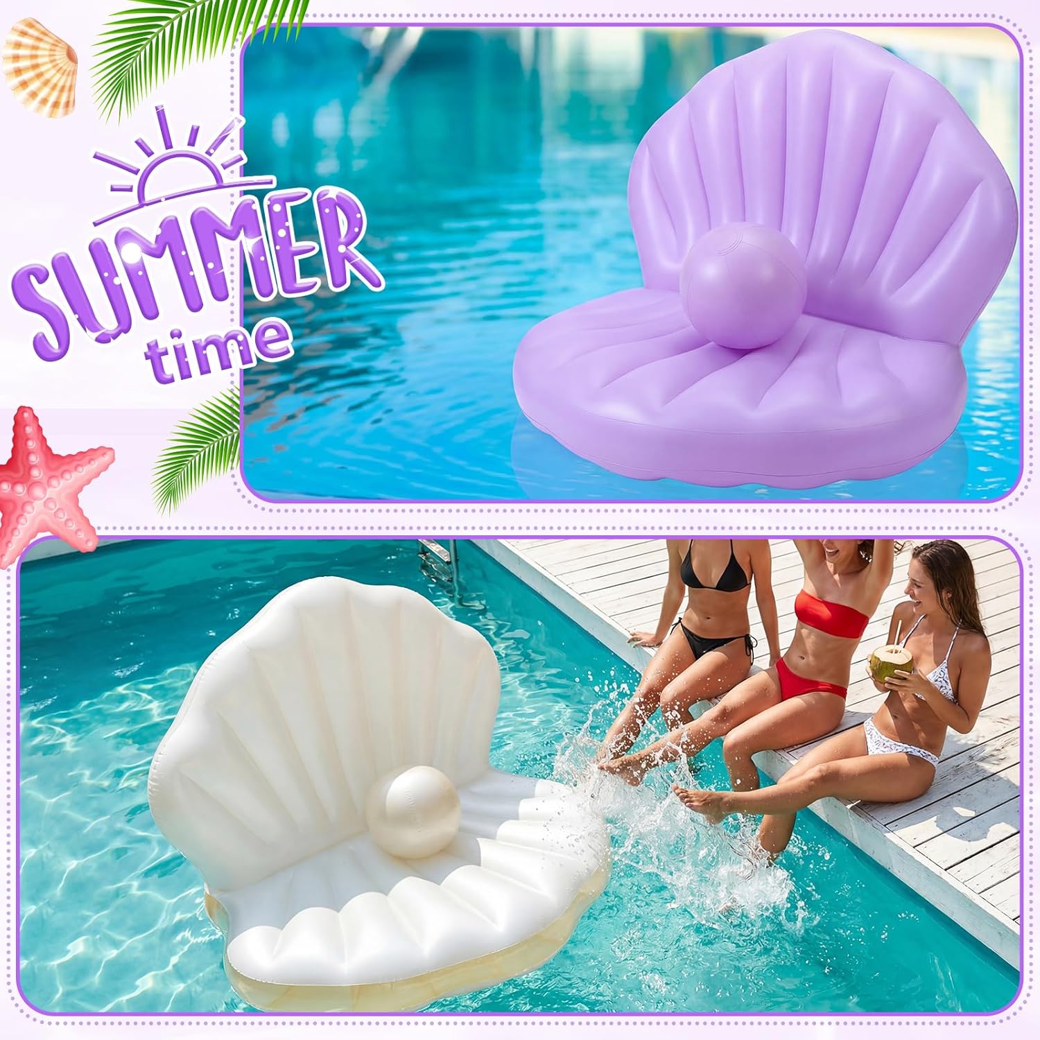 2 Pack 55 Inch Inflatable Seashell Pool Floats with Pearl Ball Birthday Cute Pool Lounge Floats for Adults Summer Beach Swimming Ocean Theme Party