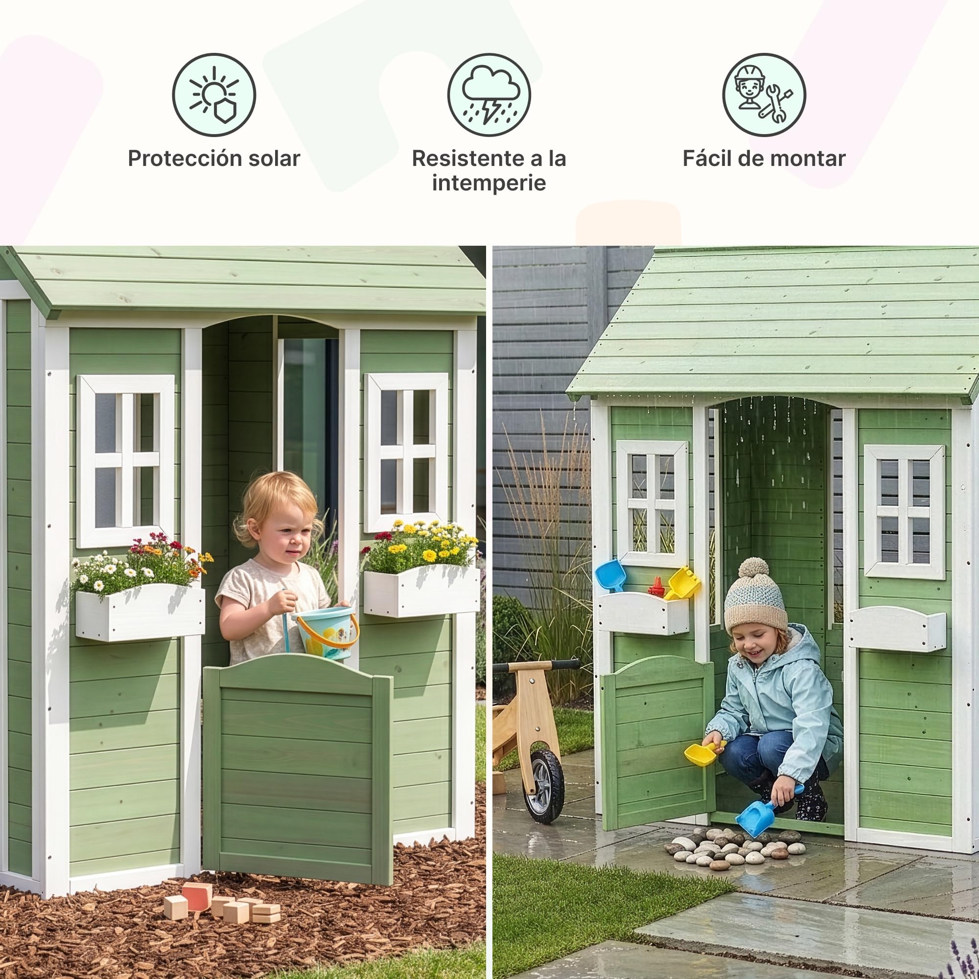 [en.casa] Casita Infantil Kuoldsvin Casa de Niños Exterior con Jardineras Casa de Juegos con Ventanas y Puerta Madera de Abeto 144 x 107 x 90 cm - Verde/Blanco