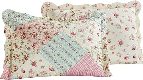 Miniatura 3 de Juego de fundas de almohada acolchadas con retazos de rosa y verde, estándar 20 x 26 pulgadas, paquete de 2, rosa verde