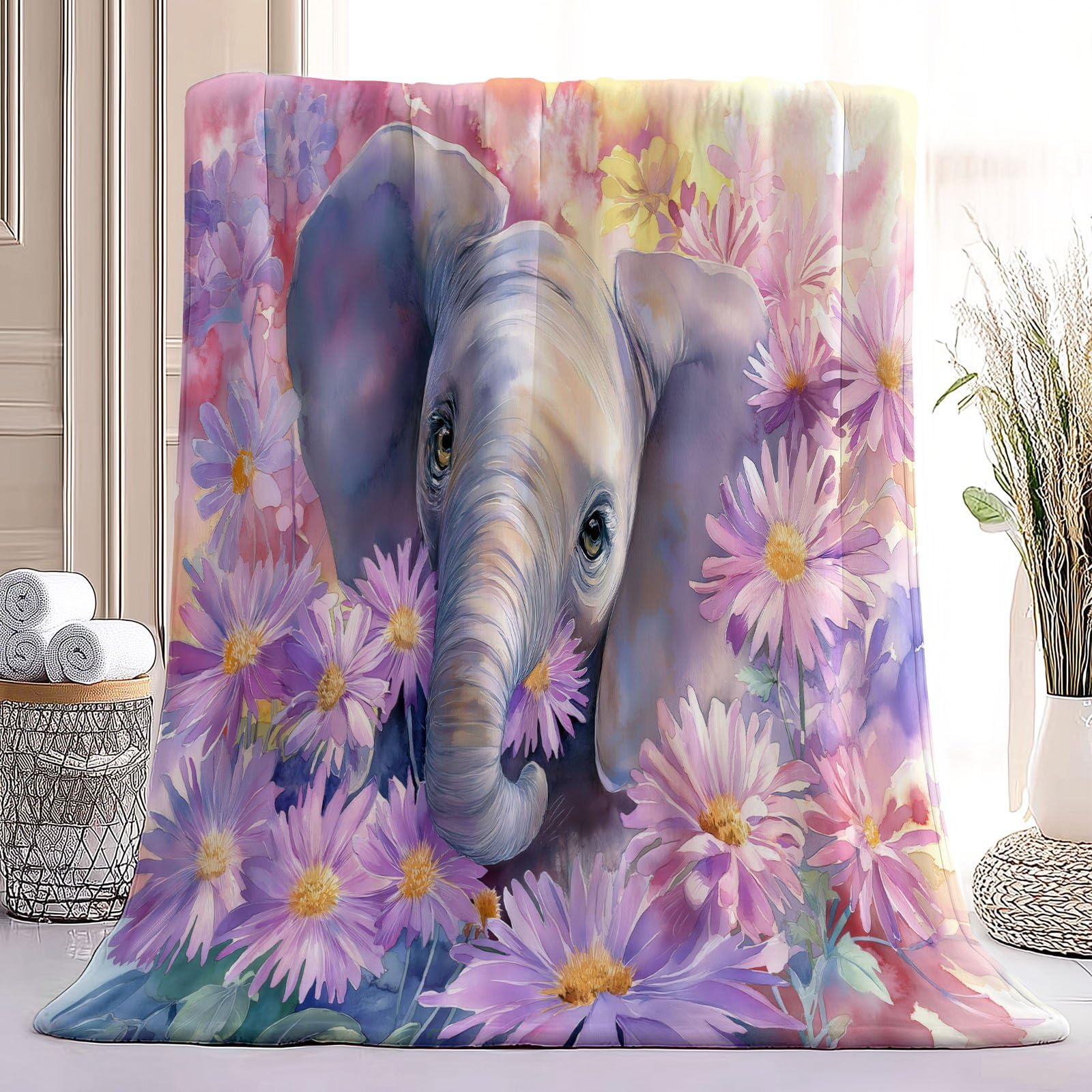 Bohemisch Rustikal Kuscheldecke Elefanten Gänseblümchen Blumen Decke Tagesdecke Wohndecke Lila, Couchdecke Weich Warm Flauschig, Sofa Decke für Reisen Zelten Outdoor, 150 x 200 cm