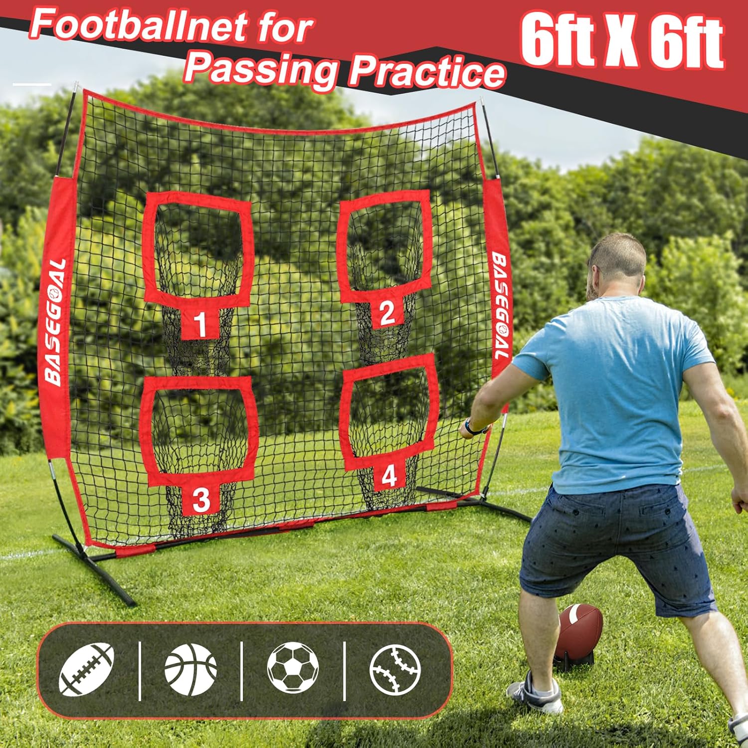 BaseGoal 6x6 Ft Football Nets for Throwing,Football Target,Quarterback Training Equipment with 4 Target Pockets for Improving Football Accuracy Throwing