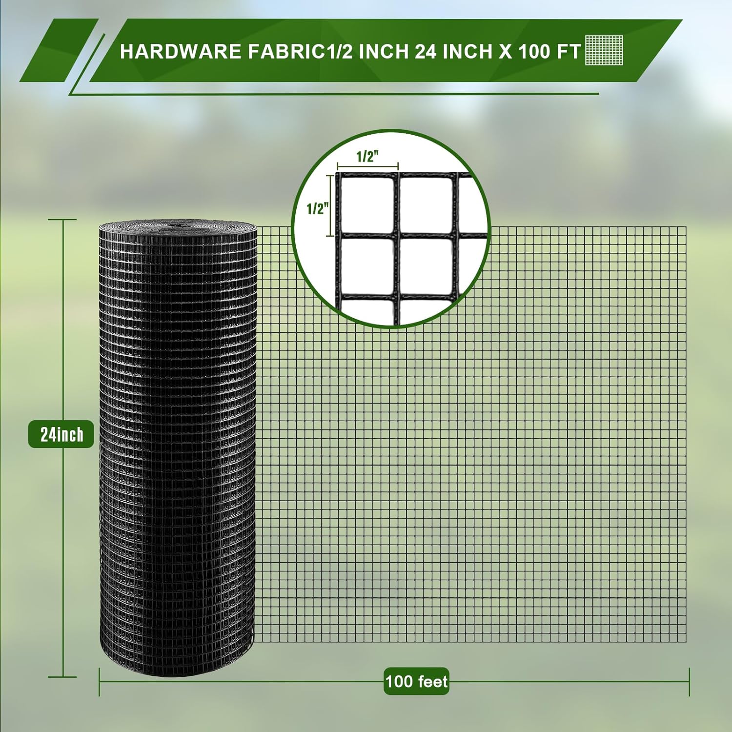 Hardware Cloth 1/2 inch 24" x 100 Ft 19 Gauge Vinyl Coated Black Hardware Cloth, Chicken Wire Fencing, Chicken Wire Mesh for Home and Garden Projec