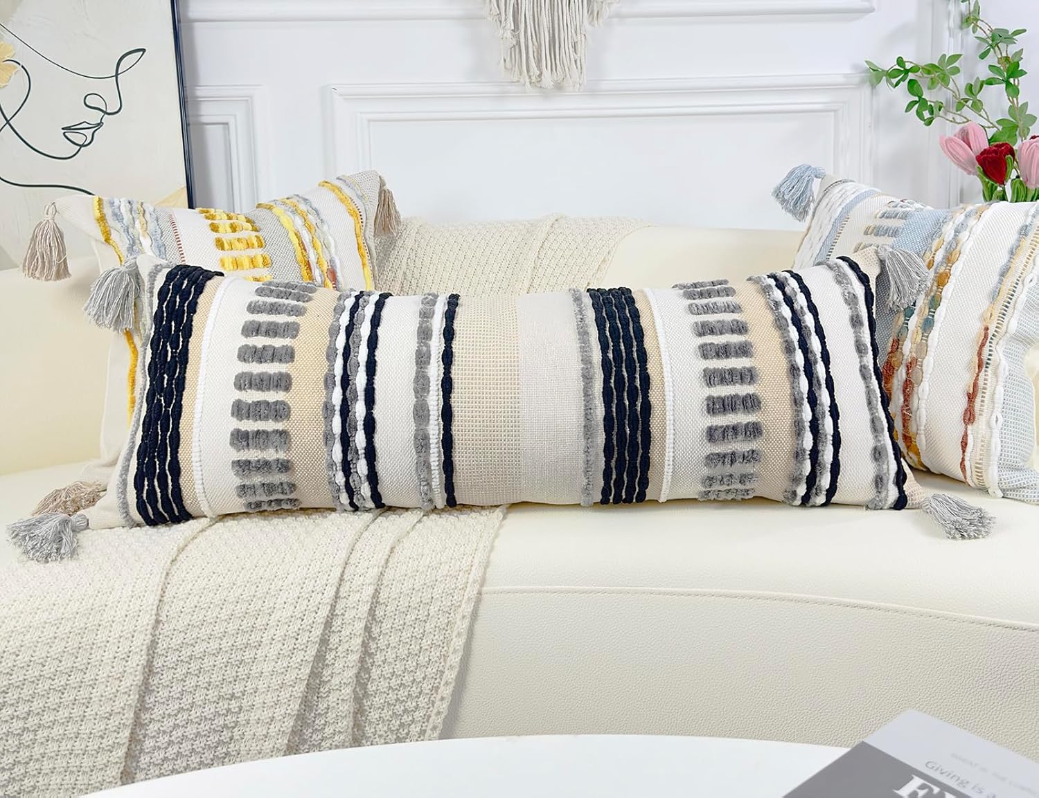 NUYECY Chenille and Cotton Long Pillow for Bed, Striped Textured Boho Lumbar Throw Pillow Cover 14x36, Neutral Accent Decorative Extra Long Body Pillow Case for Couch, Sofa, Bedroom, Grey