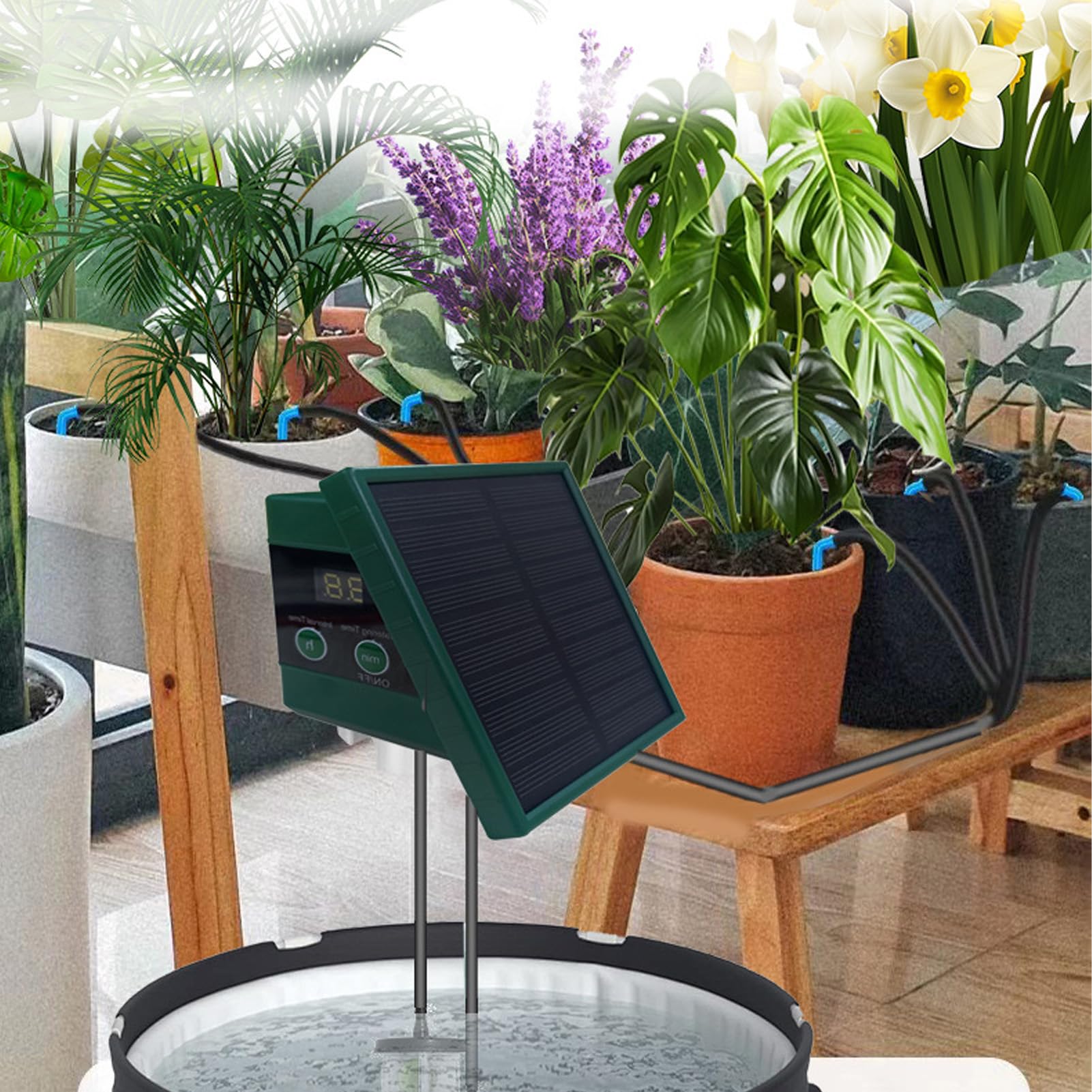 de riego por goteo solar para jardín Pantalla digital de riego automático para 10 plantas en macetas con modos de temporizador 30x7 Kit de riego por goteo antisifón
