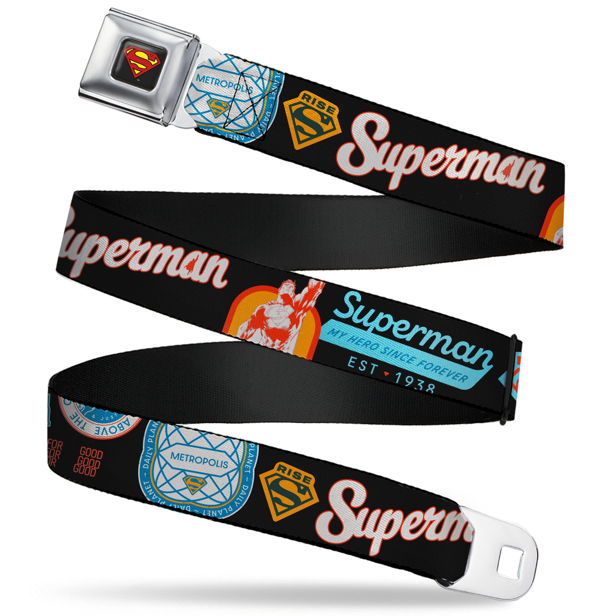 DC Comics Belt, Seatbelt Buckle, Superman Icons and Text Collage