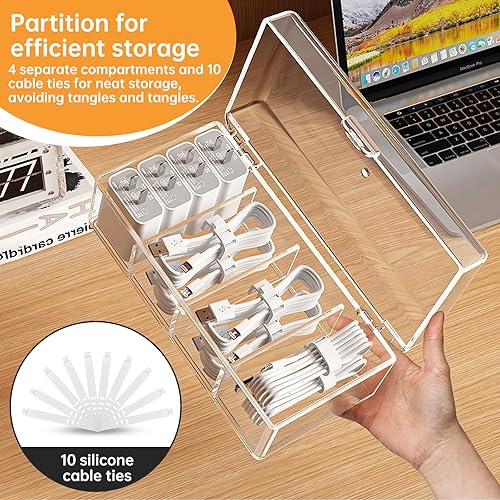 Miniatura 4 de Paquete de 2 cajas organizadoras de cables con tapa, caja organizadora de cables de carga transparente con 4 compartimentos y 20 bridas de cables,