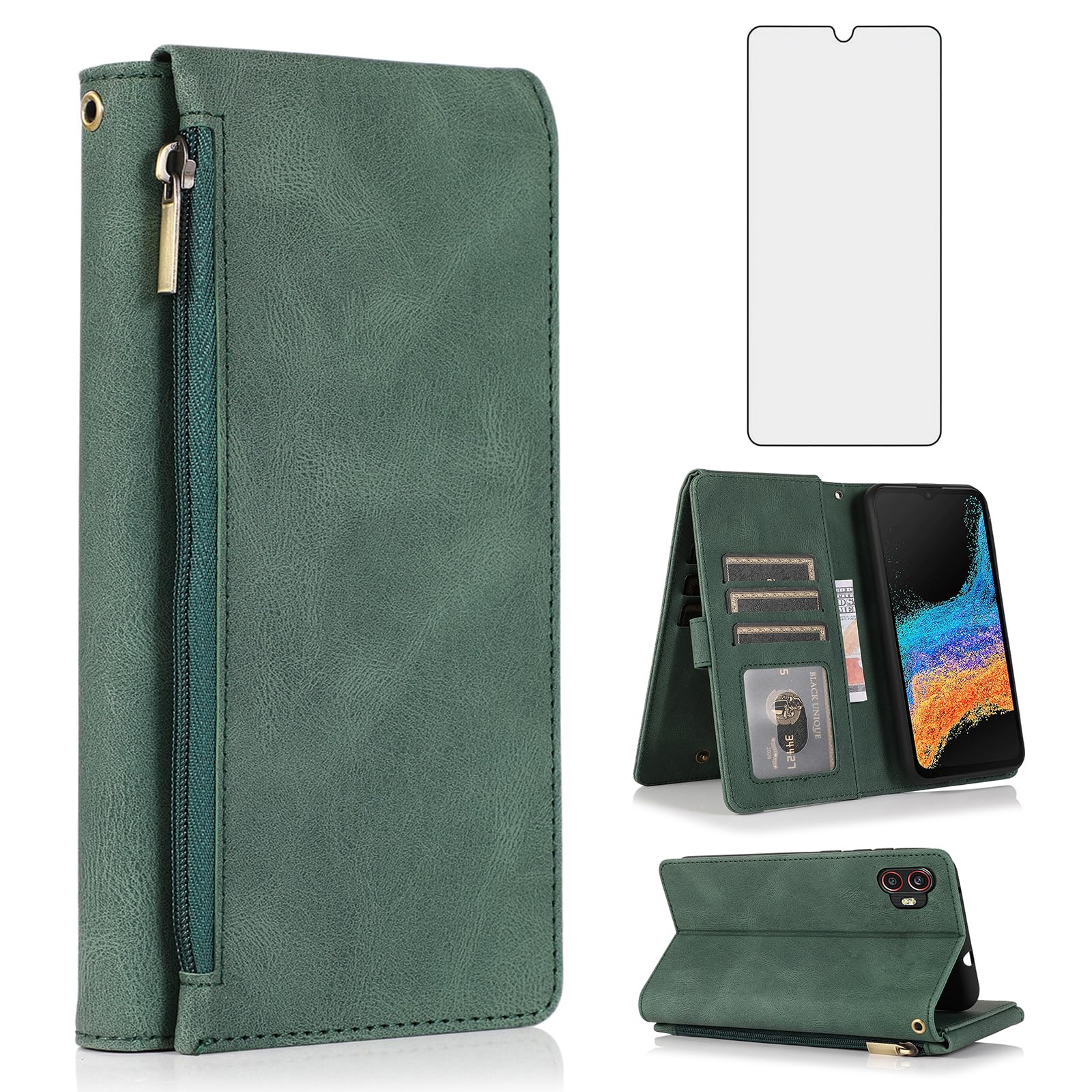 Asuwish Compatible with Samsung Galaxy XCover 6 Pro/X Cover Pro 2 Wallet Case Tempered Glass Screen Protector Zipper Retro Leather Flip Cover Card Holder Stand for XCover6 6Pro 2022 Women Men Green