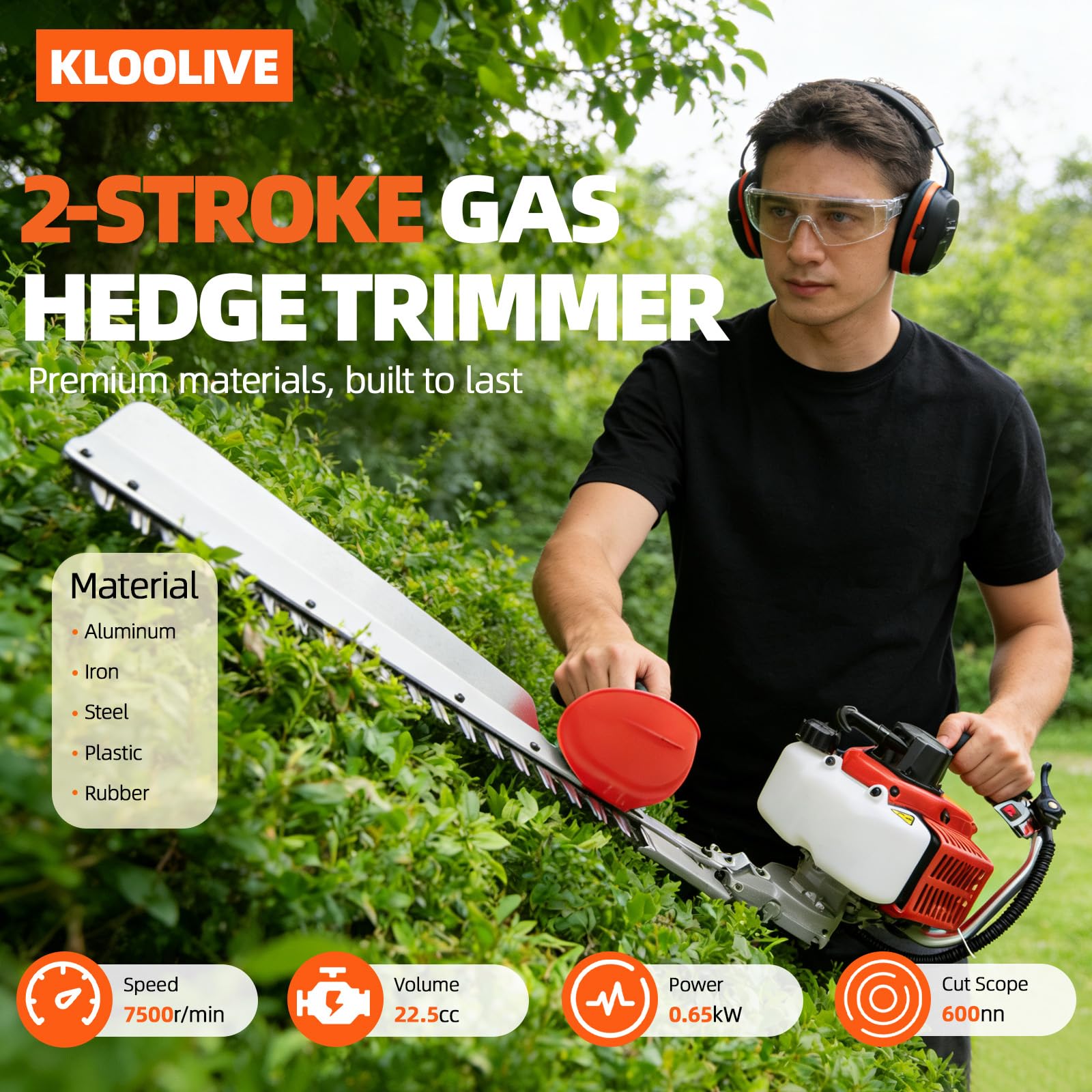 22,5 cc 650 W, spalinowe nożyce do żywopłotu, 2-suwowe 7500 obr./min, poręczne nożyce do żywopłotu chłodzone powietrzem, długość cięcia 70 cm, jednocylindrowa podkaszarka do żywopłotu do domów