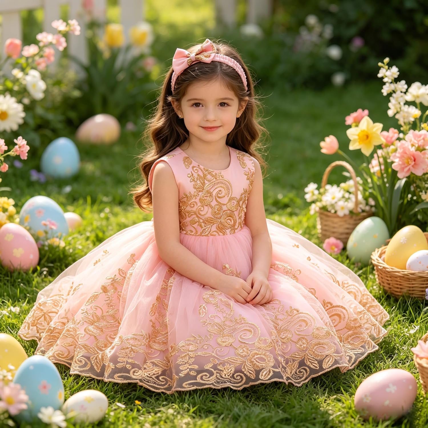 0-6T Big Bowknot Sequins Embroidered Lace Party Tutu Gown Toddler Baby Girls Dress with Headwear
