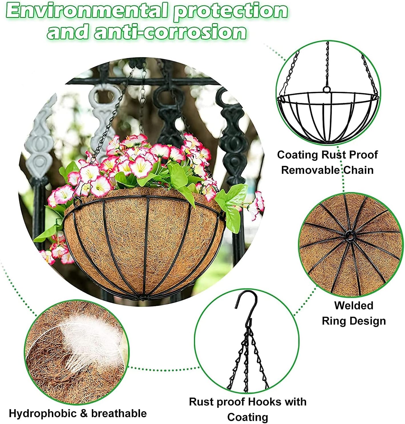 GWY Hanging Planter Baskets, 2 Packs 12 Inch Metal Wire Plant Holder with Coconut Coir Liner and Black Chain for Porch Pot Hanger Garden Decoration Indoor Outdoor Plant Flower Pot, Up to Load 20 Lbs
