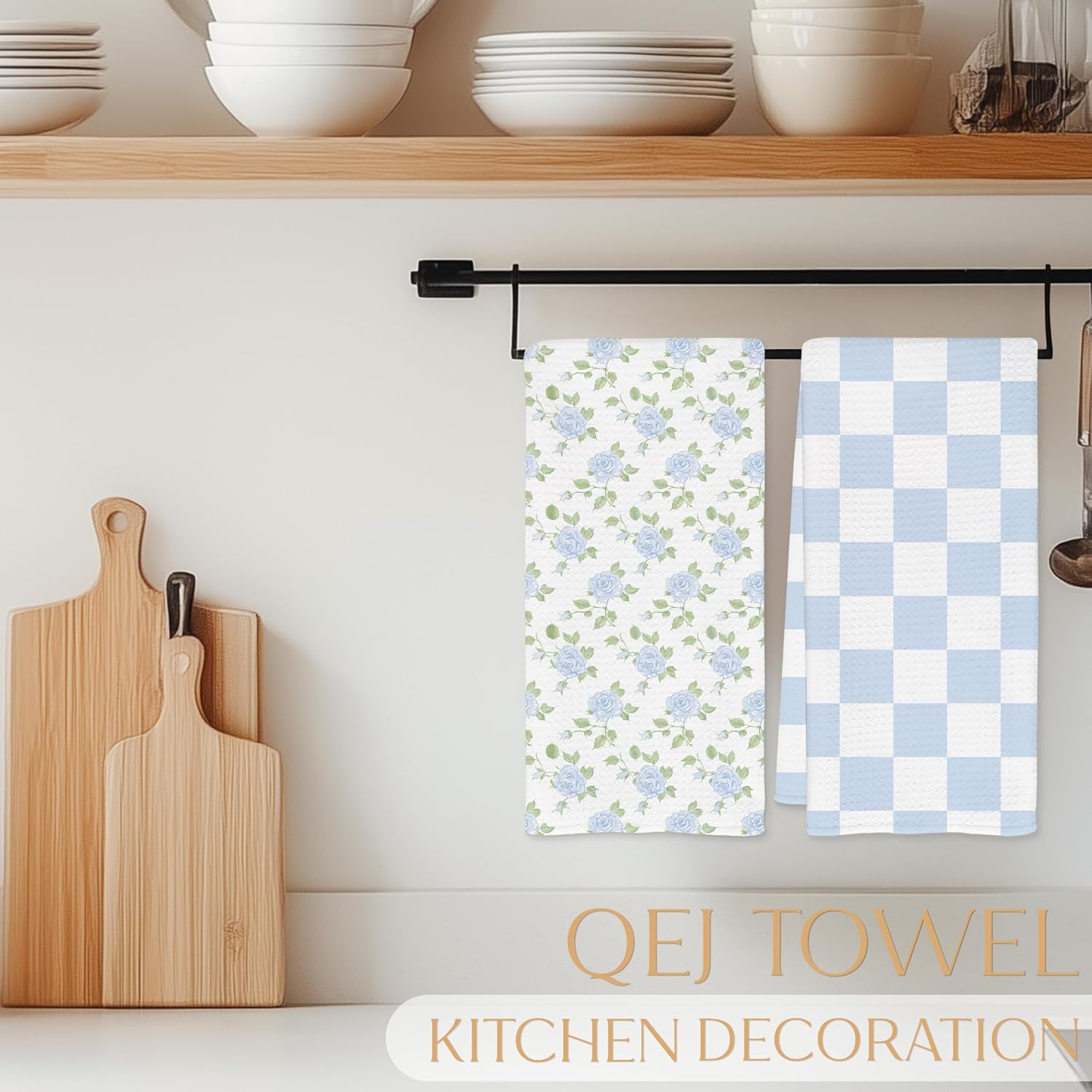 Blue Hydrangea Floral Kitchen Dish Towels, Blue and White Checkered Cottagecore Flower Decorative Hand Tea Towels for Bathroom Kitchen, 16x24 Inch Set of 2