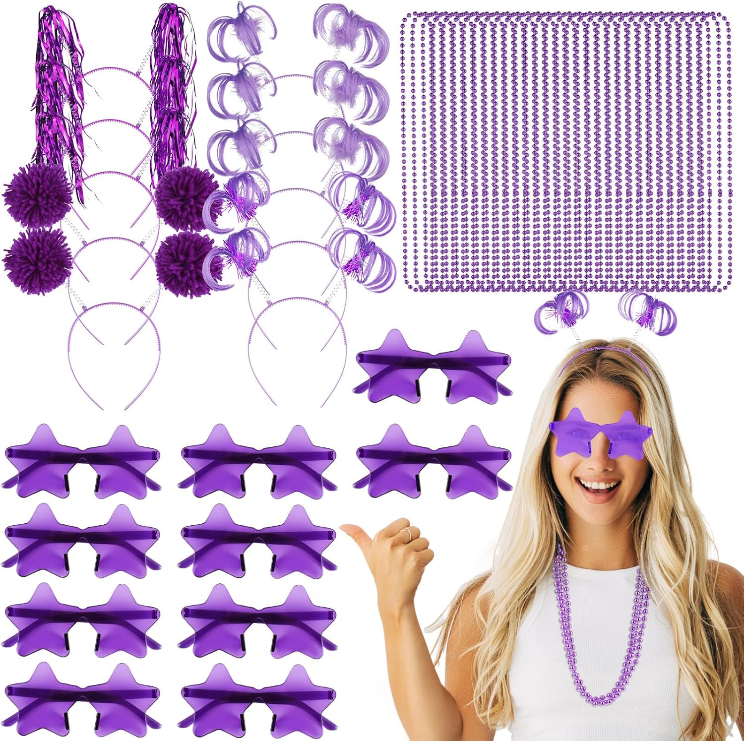 50 Pcs Purple Holiday Team Spirit Party Accessories Graduation Pom Pom Party Headbands Star Shape Sunglasses Bead Necklaces Stuff Favors for Birthday Wedding Supplies(Classic)