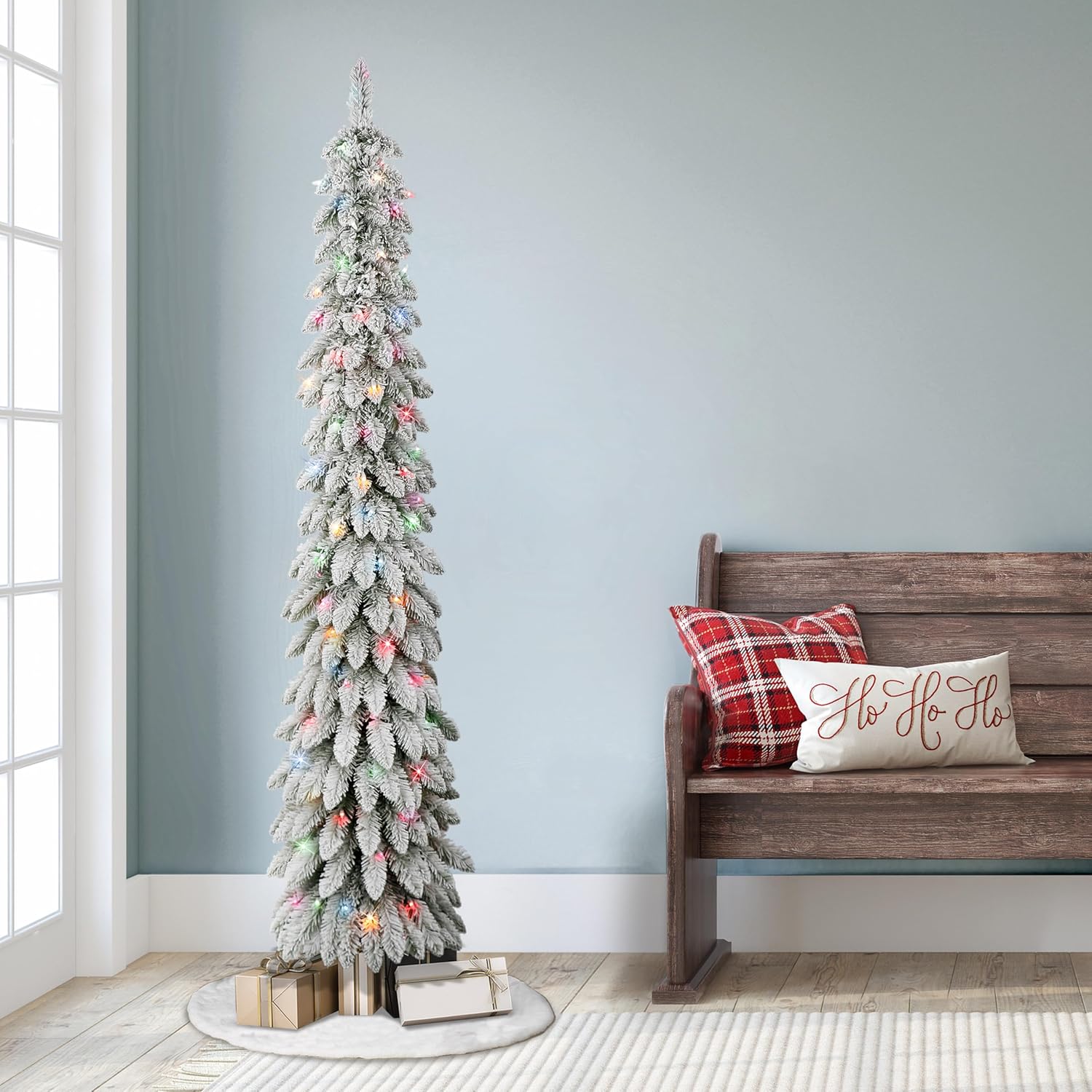 Puleo International 6 ft Pre-lit Flocked Alpine Pencil Tree 261 Tips 100 UL Multi-Color Incandescent Lights