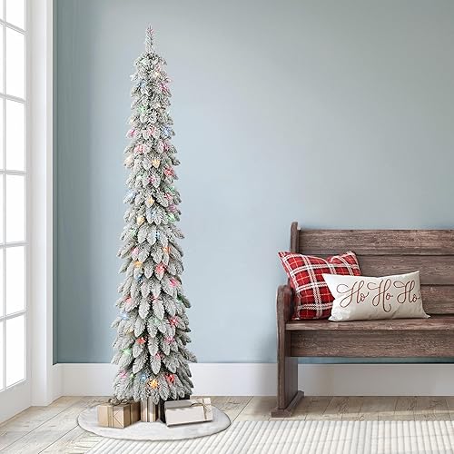 Miniatura 4 de Puleo International - Árbol de lápiz alpino flocado preiluminado de 6 pies, 261 puntas, 100 luces incandescentes multicolor UL