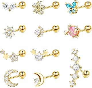 11Pcs 16G Cartilage Earrings Studs Stainless Steel CZ Forward Helix Tragus Stud Earring Cute Butterfly Moon and Star Cartilage Daith Conch Ear Piercing Jewelry for Women