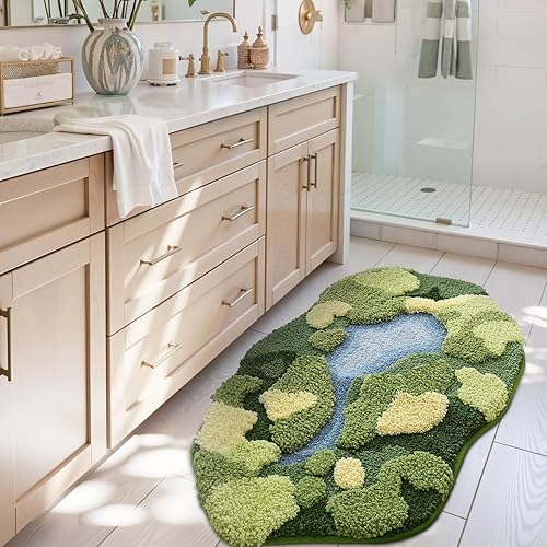 Miniatura 9 de DEXI Tapete de baño de musgo, ultra grueso, suave, verde, absorbente de agua, antideslizante, de microfibra, para suelo de baño, ducha, fregadero,