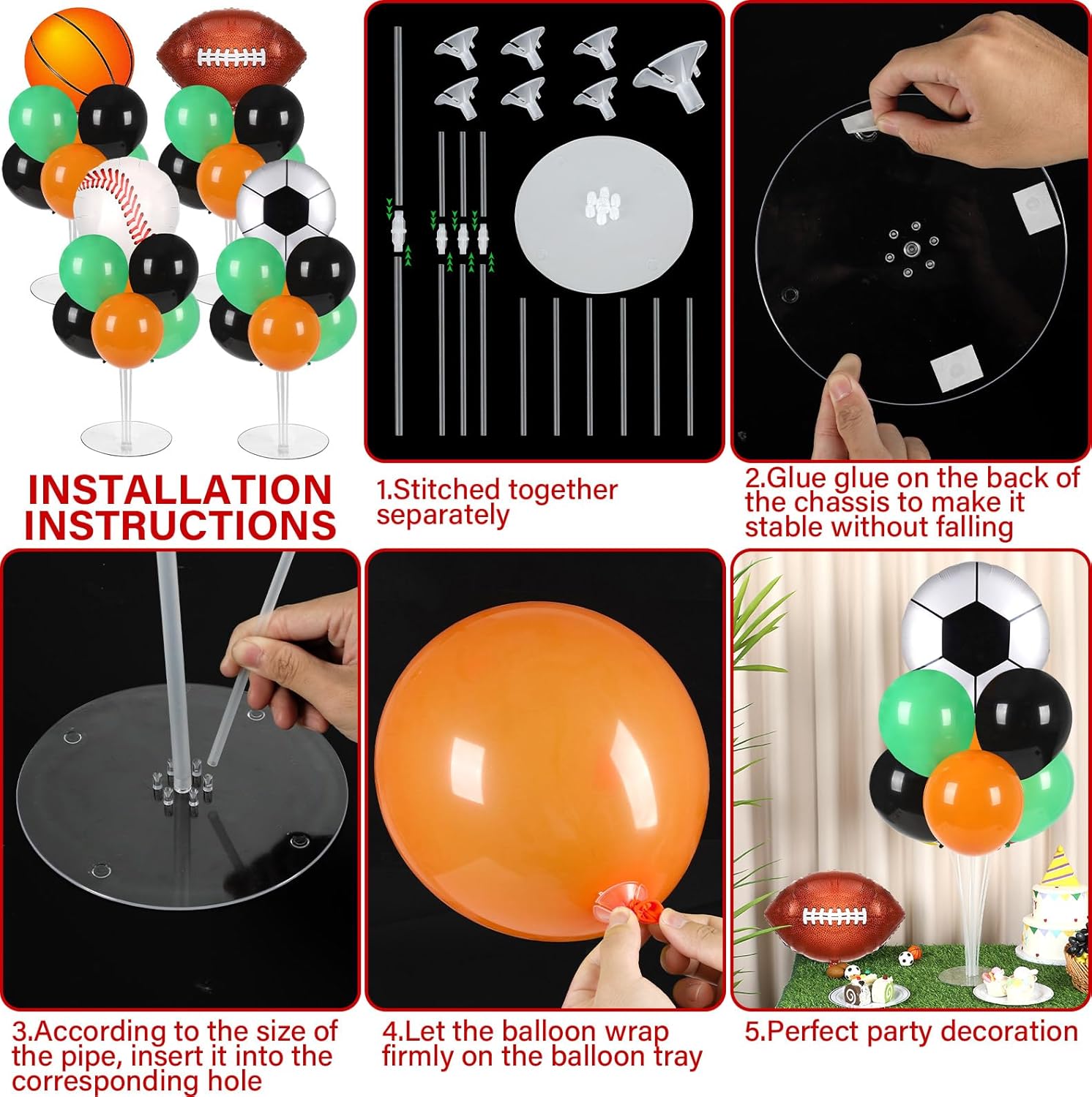 4 Sets Sports Party Balloons Stand Kit with Basketball Football Baseball Foil Balloons Sports Theme Party Balloon Centerpiece for Christmas Winter Tables Game Themed Birthday Baby Shower Decorations