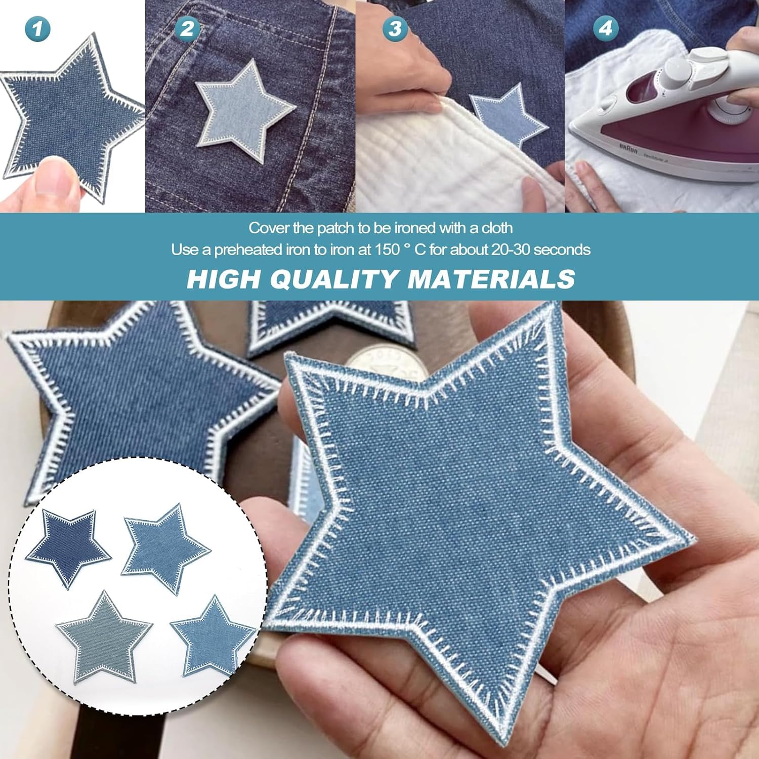 Denim Patches for Jeans Repair Iron on Denim Star Patch Blue Jean Iron-on Patches for Clothing Repair Decorating Kit 8 Pcs