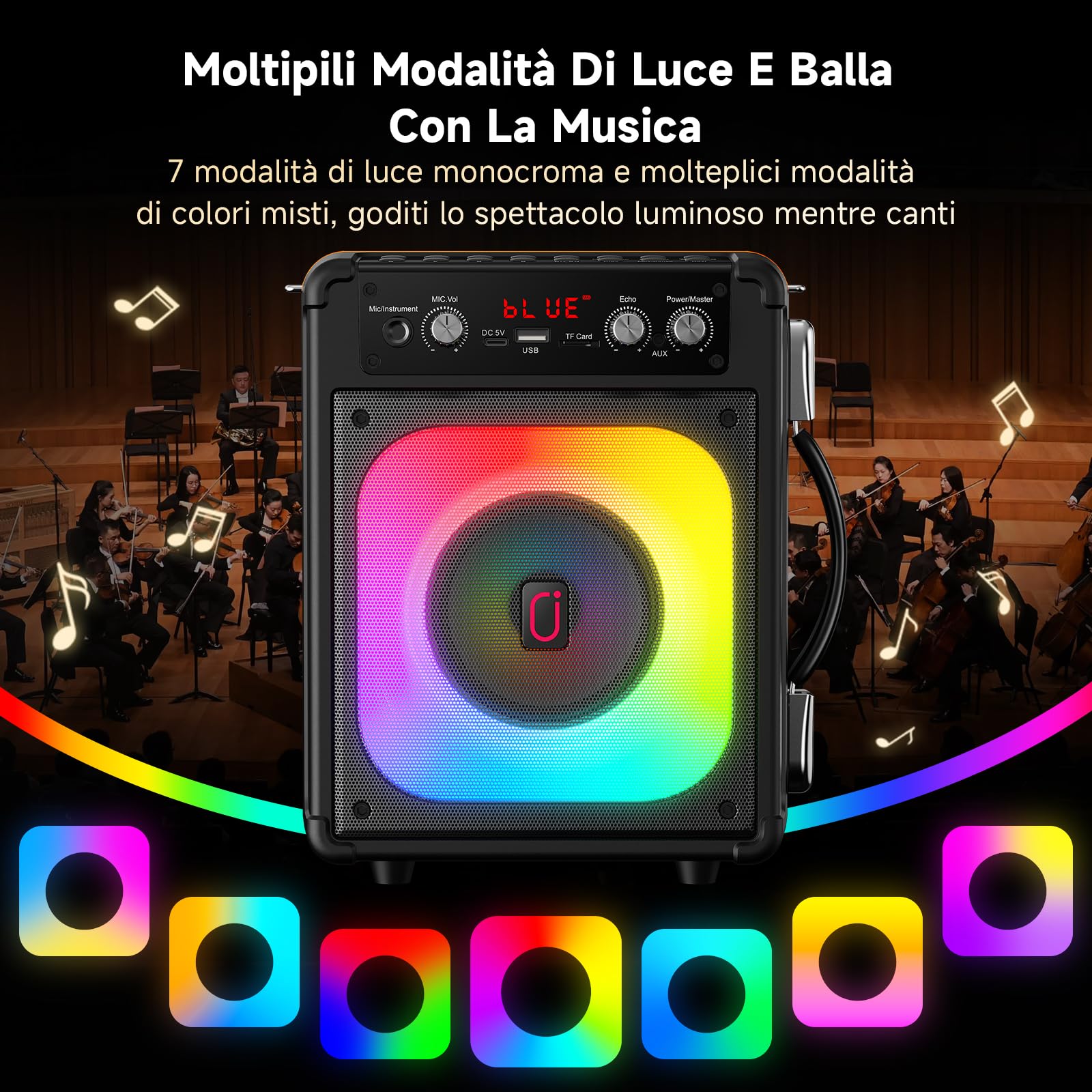 HWWR Karaoke con 2 Microfono, 60W Cassa Bluetooth 5.3 Subwoofer da 6,5, 12 Ore Riproduzione, Karaoke Portatile per Adulti/Bambini con Effetti Luce LED, Festa/Casa/Compleanno