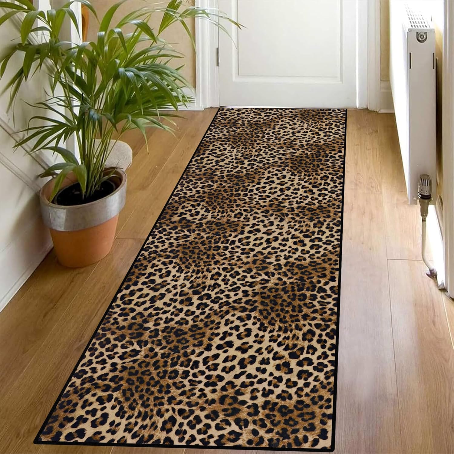 Leopard Rug 2x6 Runner Rug Washable Kitchen Runner Non-Slip Soft Modern Print Faux Wool Carpet for Hallway Indoor Entryway（2x6ft,Brown）