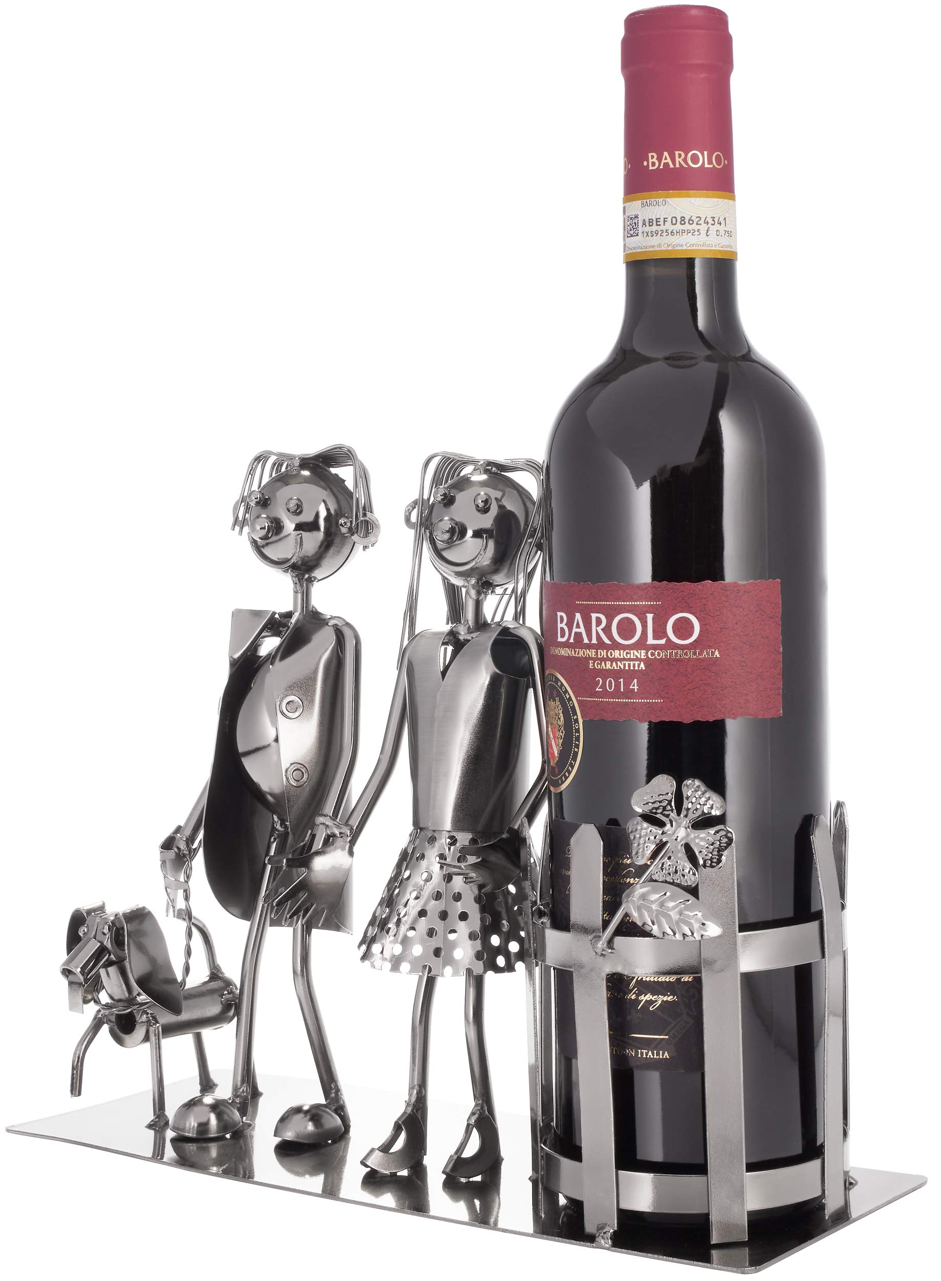 Brubaker Coppia Portabottiglie Vino con Cane - Oggetto Decorativo - Supporto per Bottiglie di Metallo - con Biglietto d'Auguri per il Vino Regalo