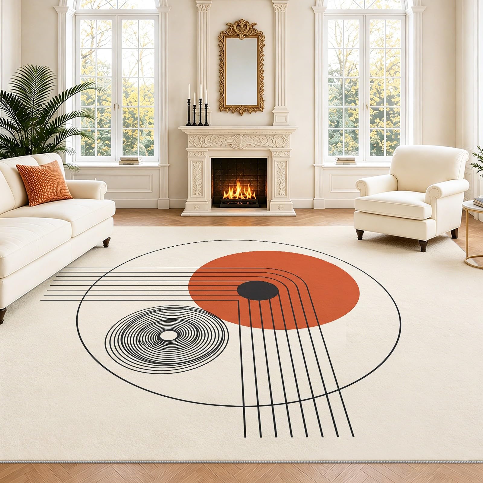Minimalistisch Geometrisch Teppich, Boho Kreis Linie-Waschbarer Kurzflorteppich, Antirutschunterlage, Bodenteppich für Wohnzimmer Schlafzimmer Küche Esszimmer, 60 x 120 cm Beige