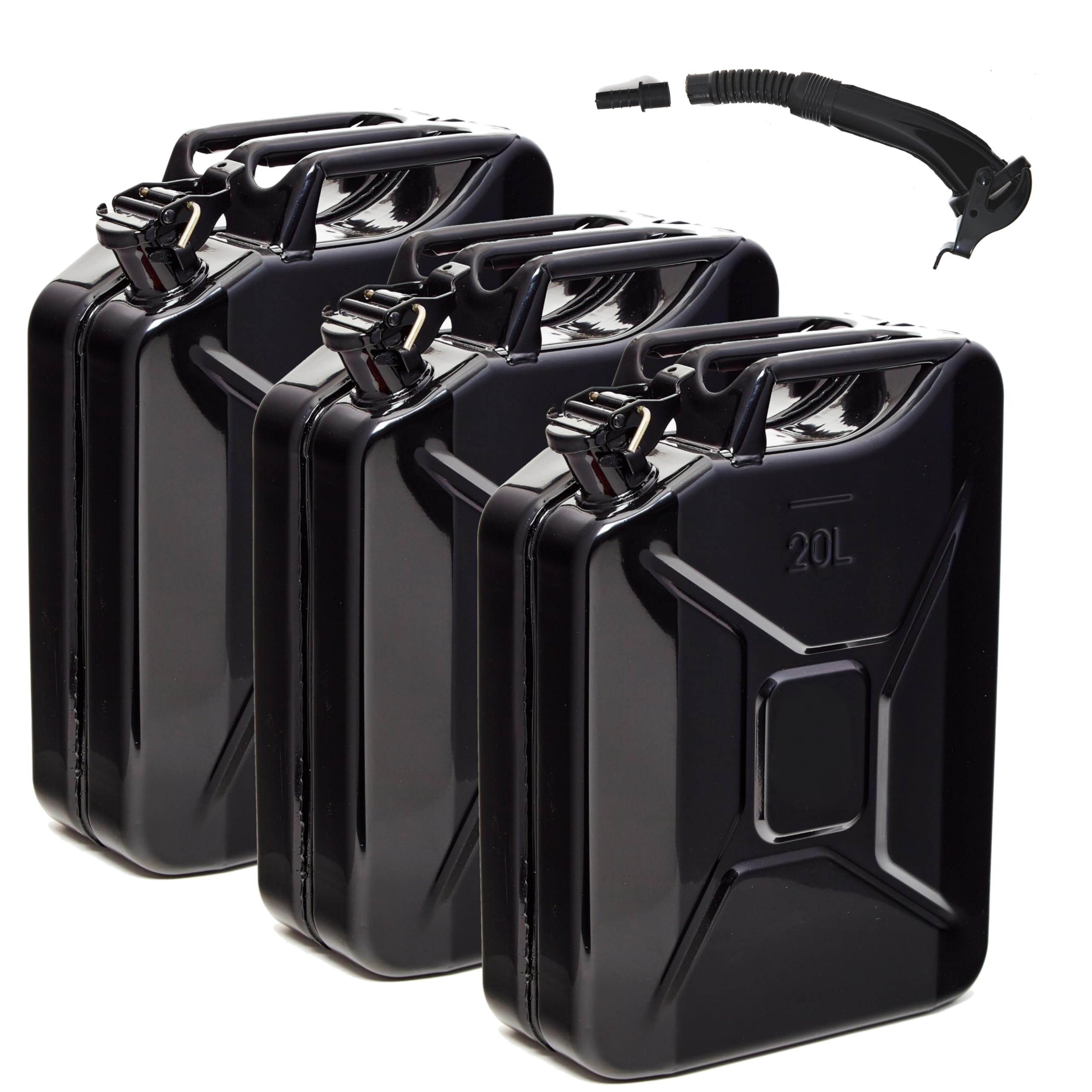 Oxid7® by BW Benzinkanister Metall 3x 20 Liter mit 3x Ausgießer - Kraftstoffkanister Schwarz RAL 9005 - TÜV-geprüft, UN-zertifiziert - 0,9mm Stahl DIN 7274 - Made in Europe