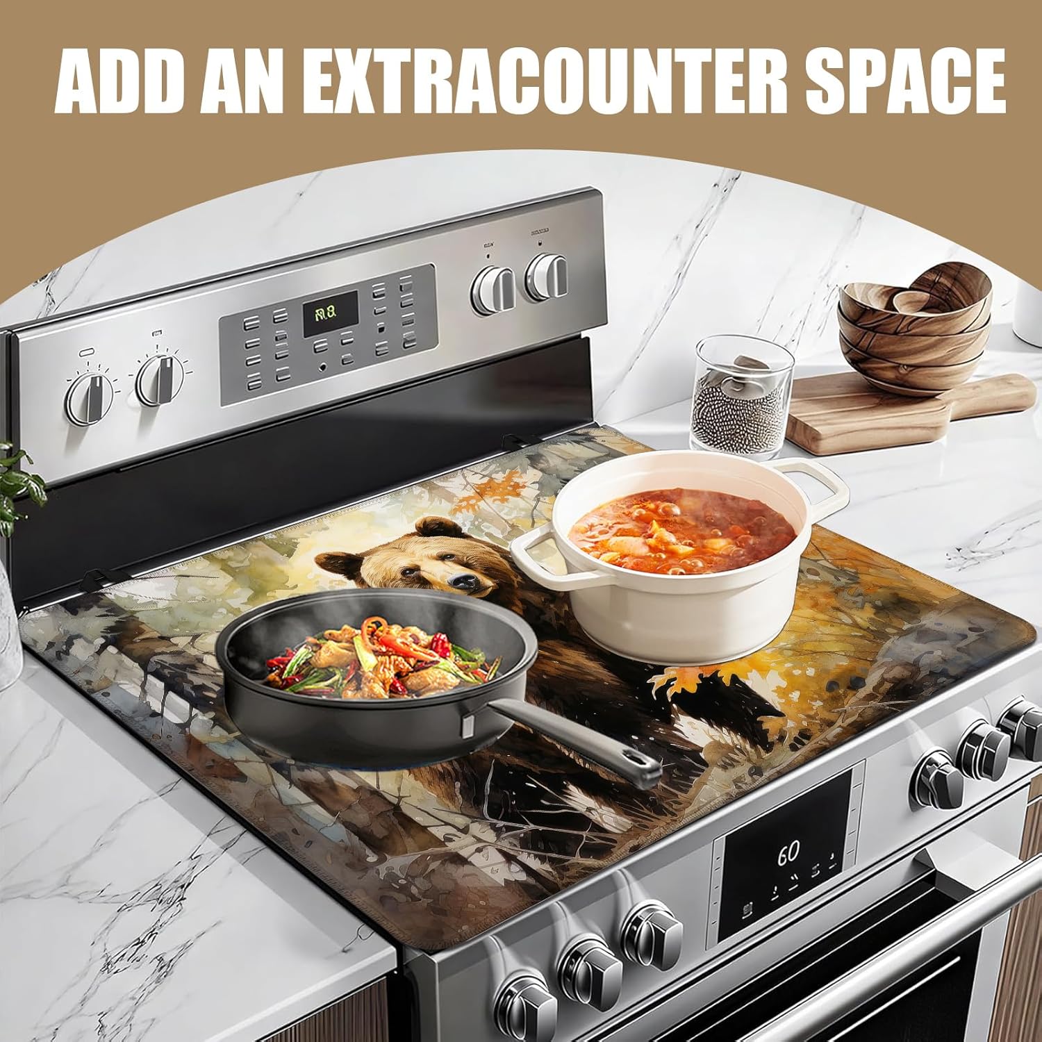 Watercolor Bear ForestStove Top Covers for Electric Stove, Wild Animals Electric Gas Stove Pad Heat Resistant Range Cooktop Protector for Home Decor Kitchen 28"x20"