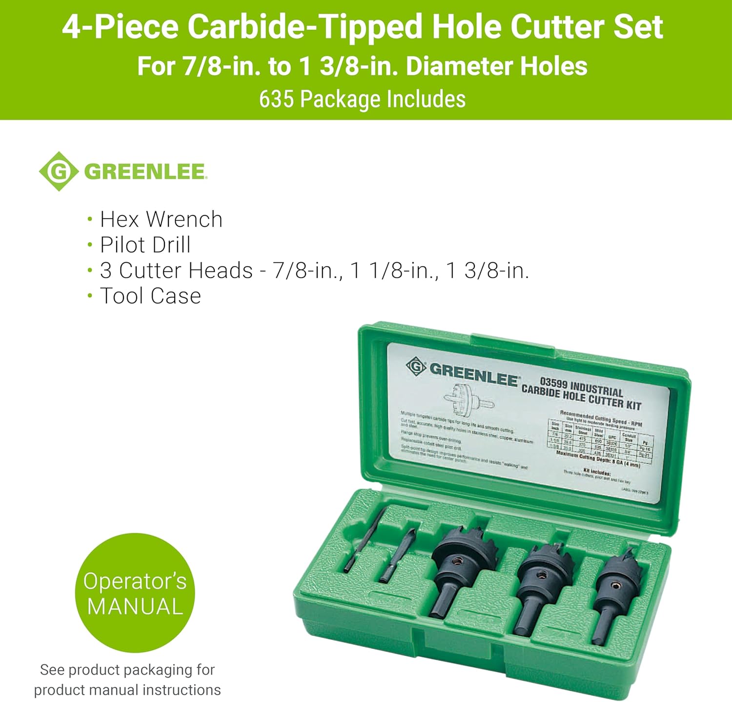 Greenlee 635 5-Piece Carbide-Tipped Hole Cutter Set with Pilot Drill and Hex Wrench, 7/8" to 1-3/8" Stainless Steel Metal Cutting Hole Saw with Tungsten Carbide Teeth