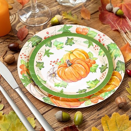 Miniatura 6 de Pumkins - Platos de papel a granel, 100 piezas de platos de papel desechables de 9.2 pulgadas y 7 pulgadas, juego de platos de papel de calabaza y