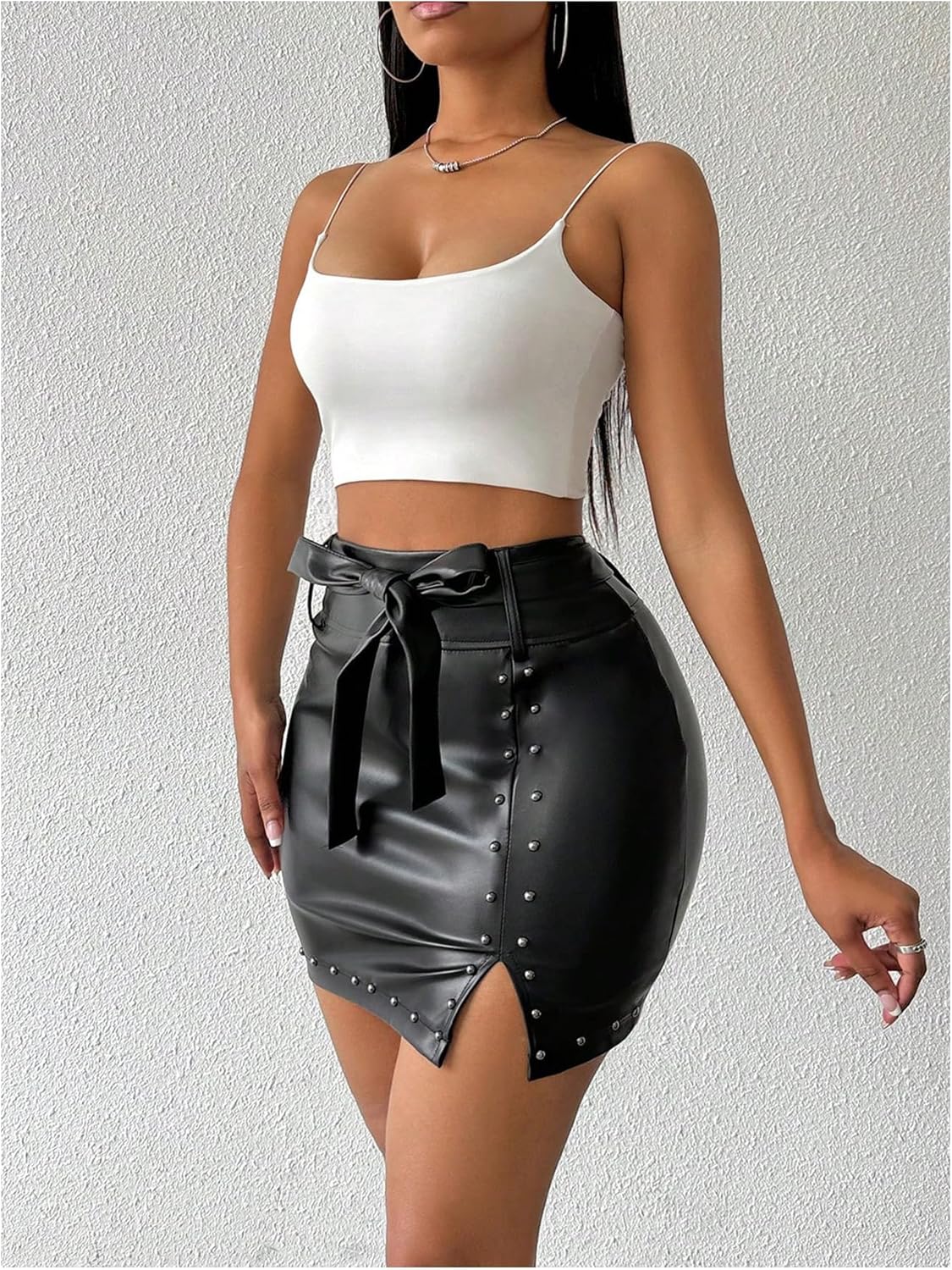 WDIRARA Women's PU Leather High Waisted Bodycon Skirts Belted Ruched Split Hem Short Skirt - Image 4