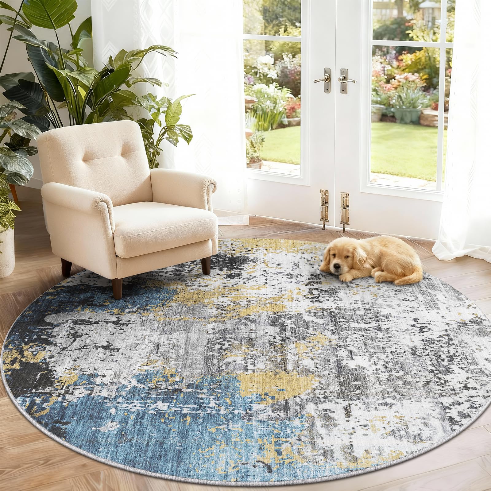 SOANNY Living Room Rug, Round 140 cm Modern Abstract Low Pile Area Carpet, Non-Slip Washable Mat for Bedroom, Hallway, Kitchen, Laundry, Entryway, Utility, Beside Sofa, Office, Blue Gold