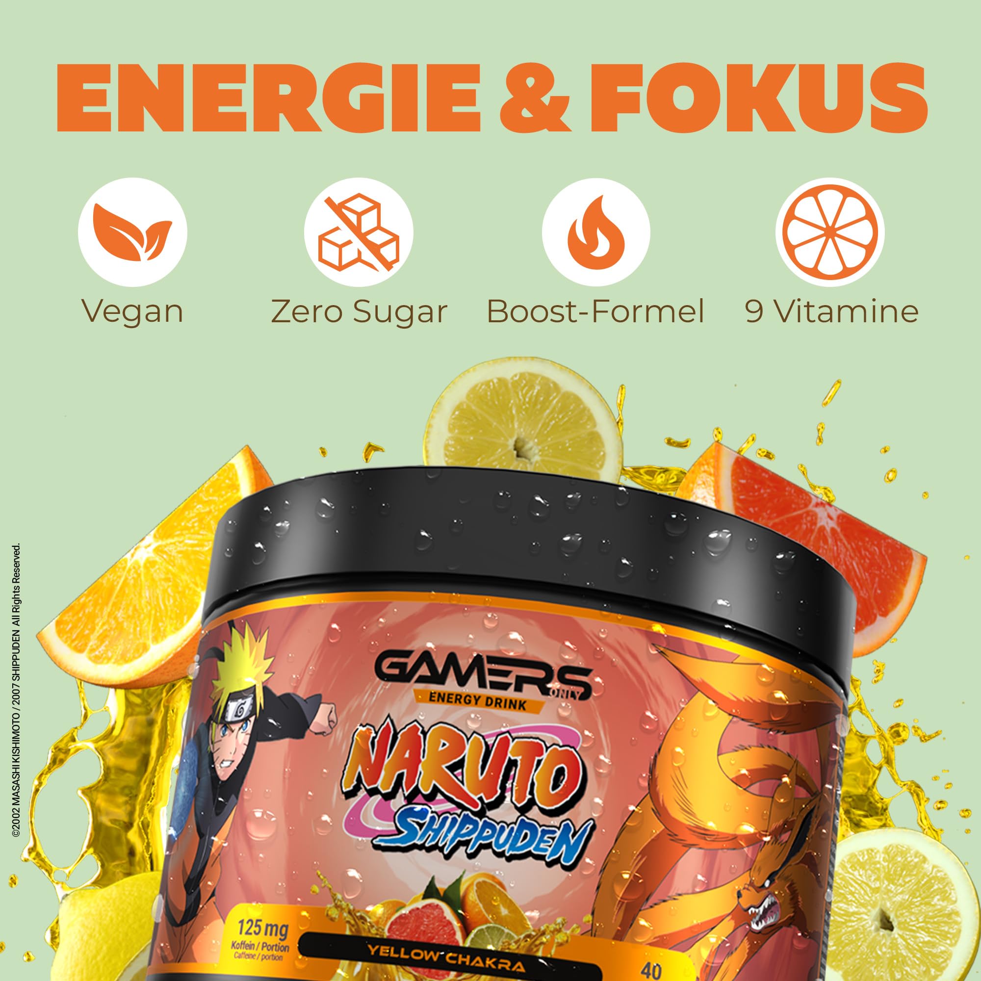 Gamers Only x NARUTO Collector Bundle [MIT ENEGRY PULVER & VITAMIN DRINK ] - 40 Portionen | inkl. Edelstahlshaker | Erhöht die Konzentration & Reaktionen | 125 MG Koffein