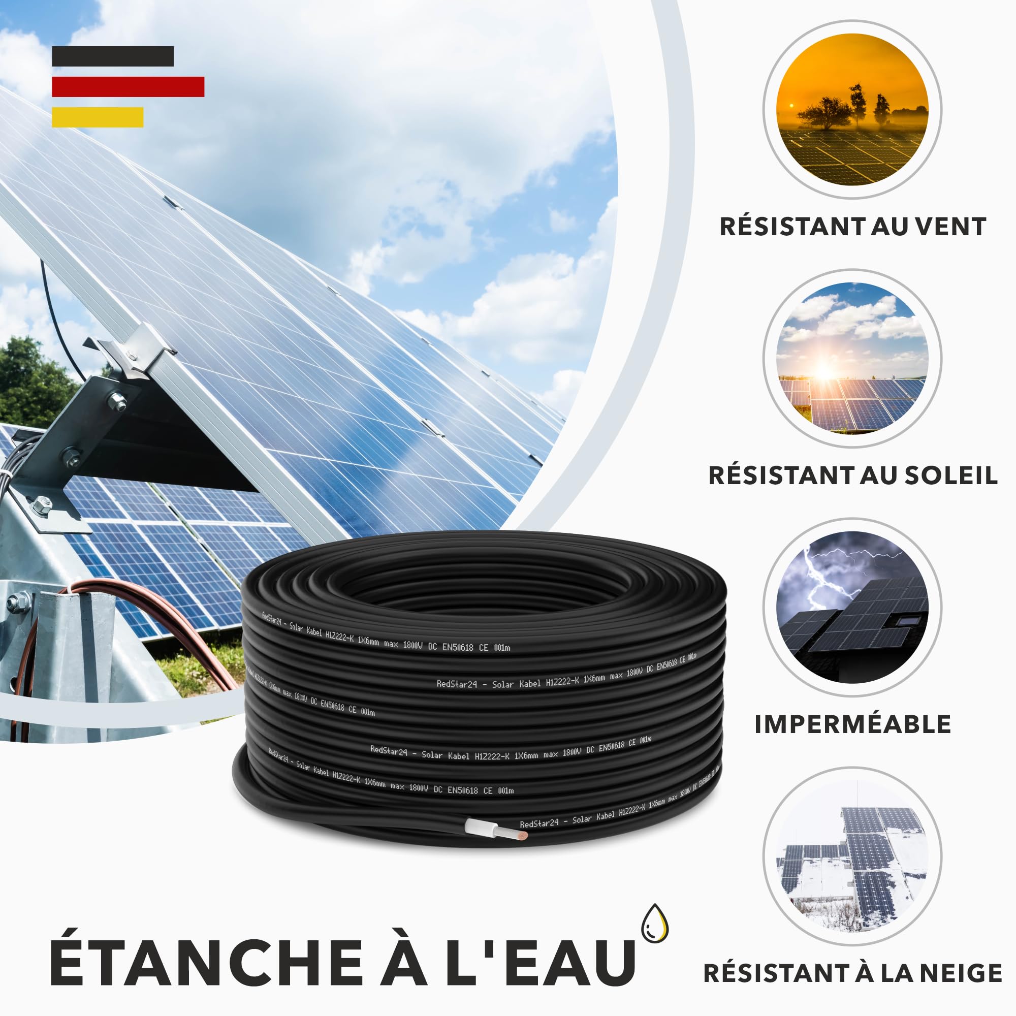 RedStar24 Câble Solaire Premium 6mm² Noir 10m - Résistant aux UV, Flexible, Photovoltaïque, PV pour Panneaux Solaires, Onduleurs & Régulateurs de Charge