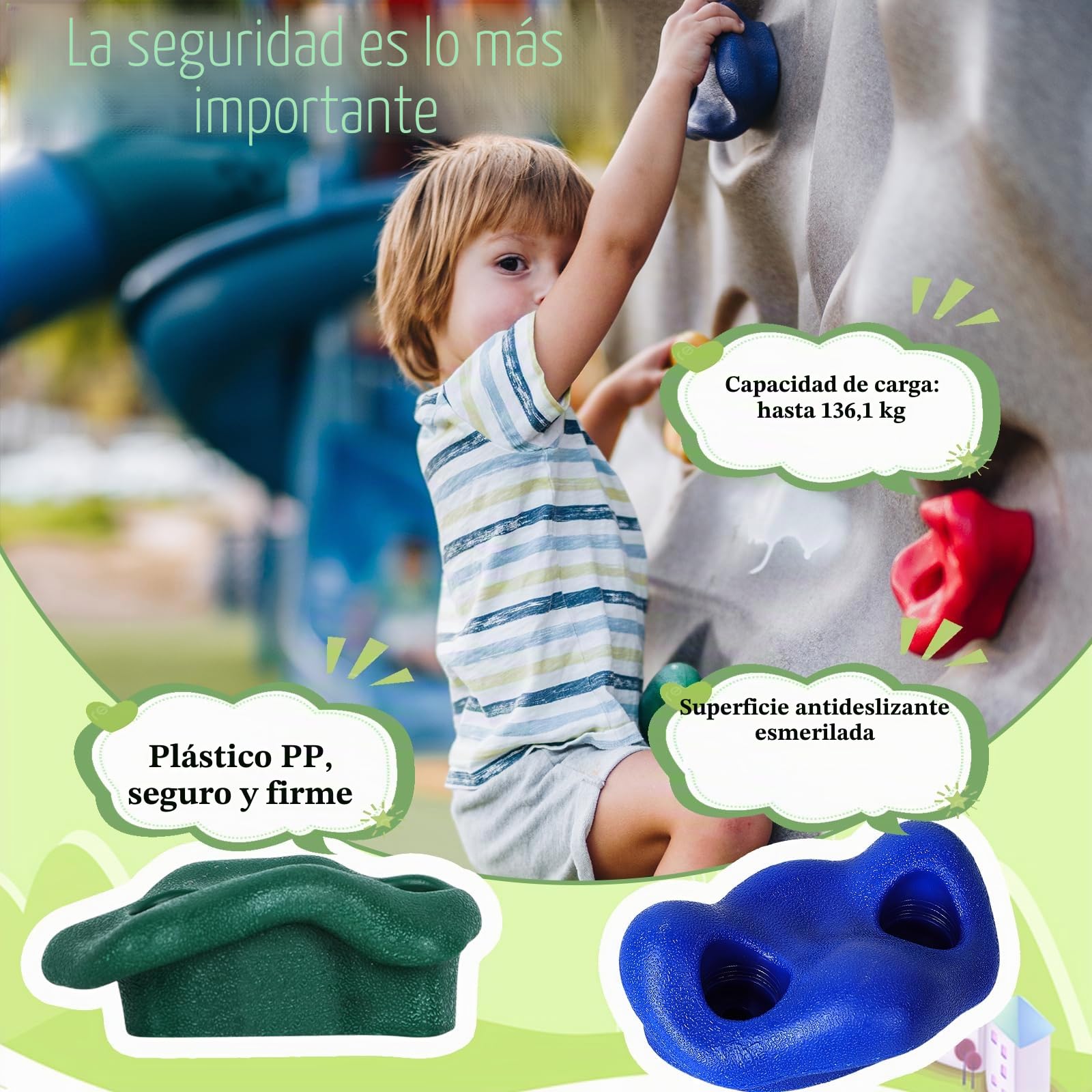 20 Piezas Presas Escalada Niños, Piedras escalada al Aire Libre | Soportes Escalada Accesorios con 270 cm Cuerda Escalada Anudada y 2 Agarraderas Verdes para Juegos Infantiles Interior y Exterior