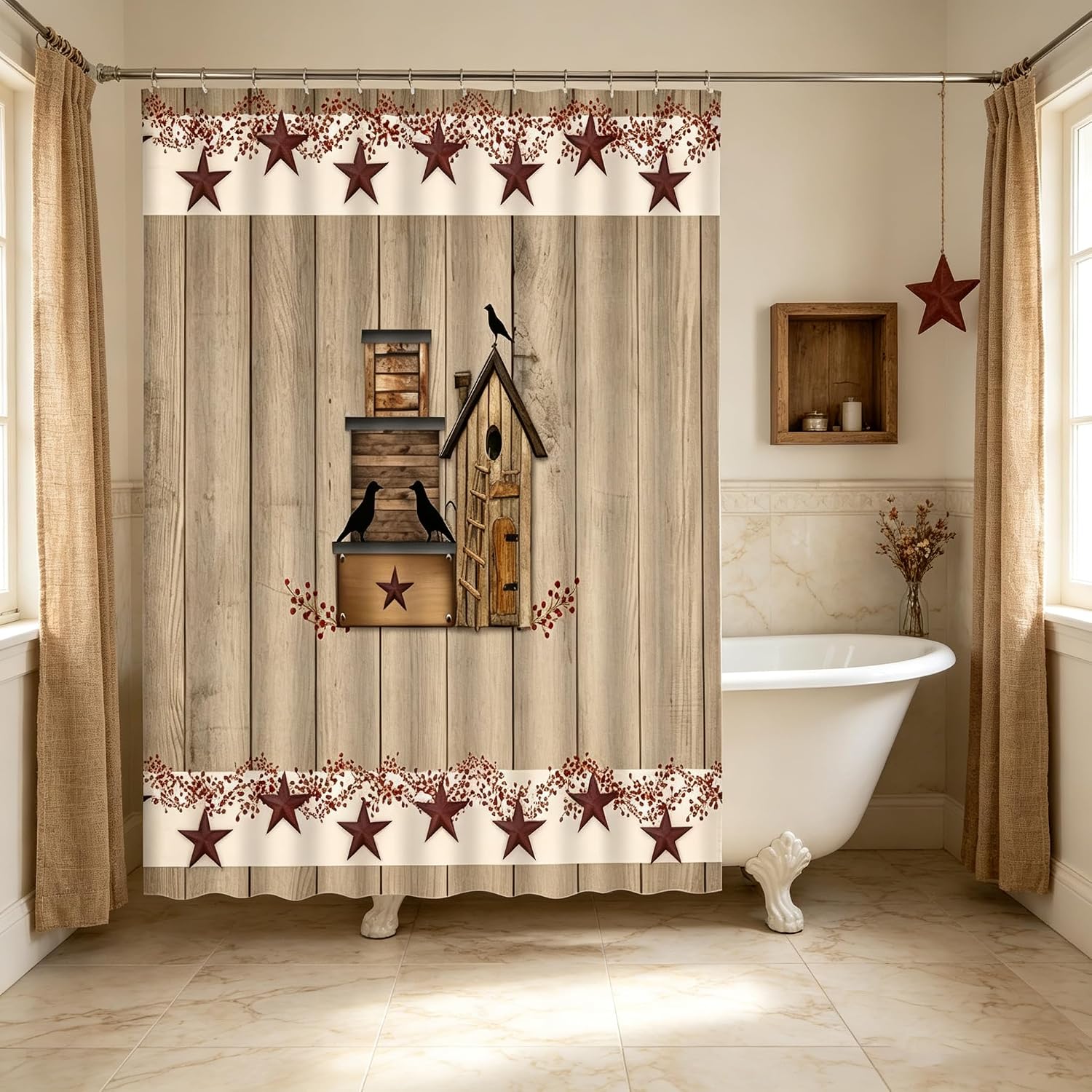 Primitive Country Birdhouse Shower Curtain,Texas Star Wood Barn,70 x 70Inch