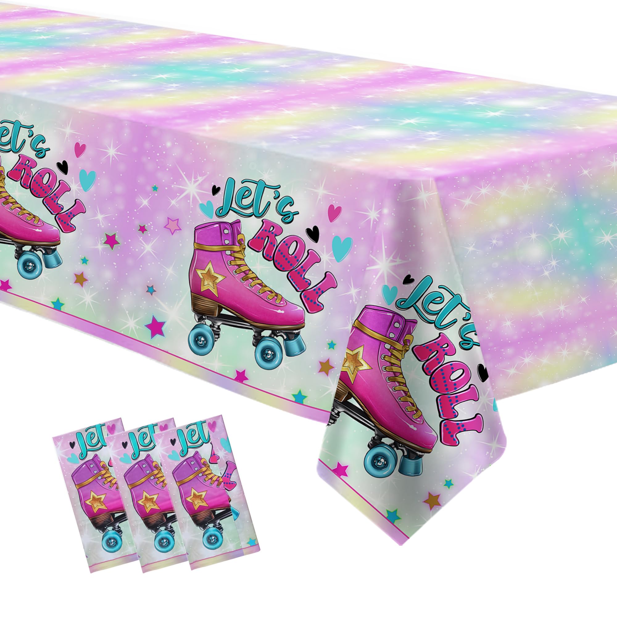 APOWBLS Roller Skating Party Tablecloth Supplies for Girl, 3 Pack Disposable Pink Pastel Let's Roll Skate Party Decorations Table Cover, 54in x 108in