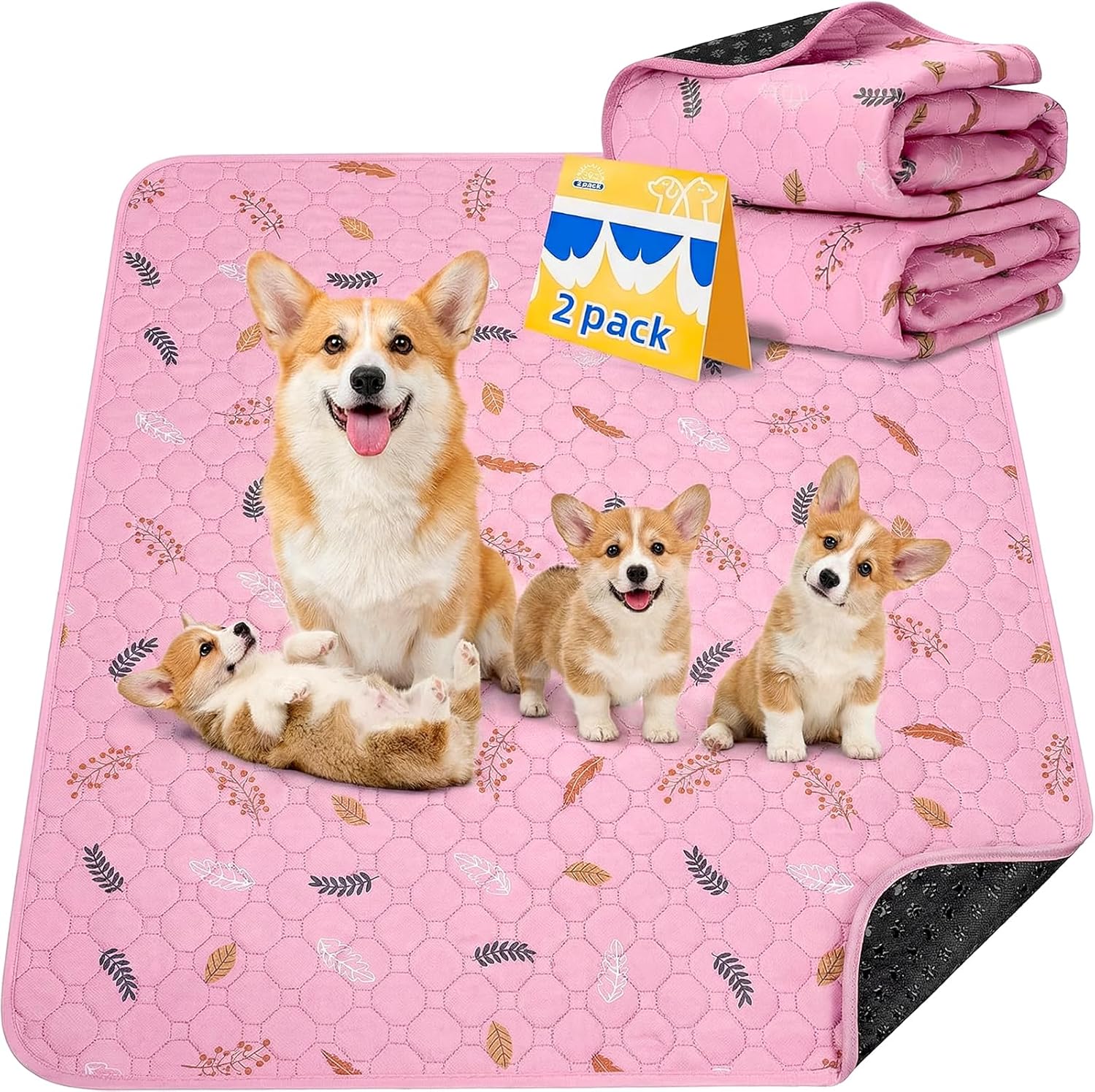 Sunheir 2-Pack Extra Large Reusable Dog Mat for Floor, Dog Playpen, Non-Slip Waterproof Dog Pee Pad, Super Absorbent Washable Pee Pads for Dogs, Pet Whelping Pads, Potty Training - Pink, 36" x 41"
