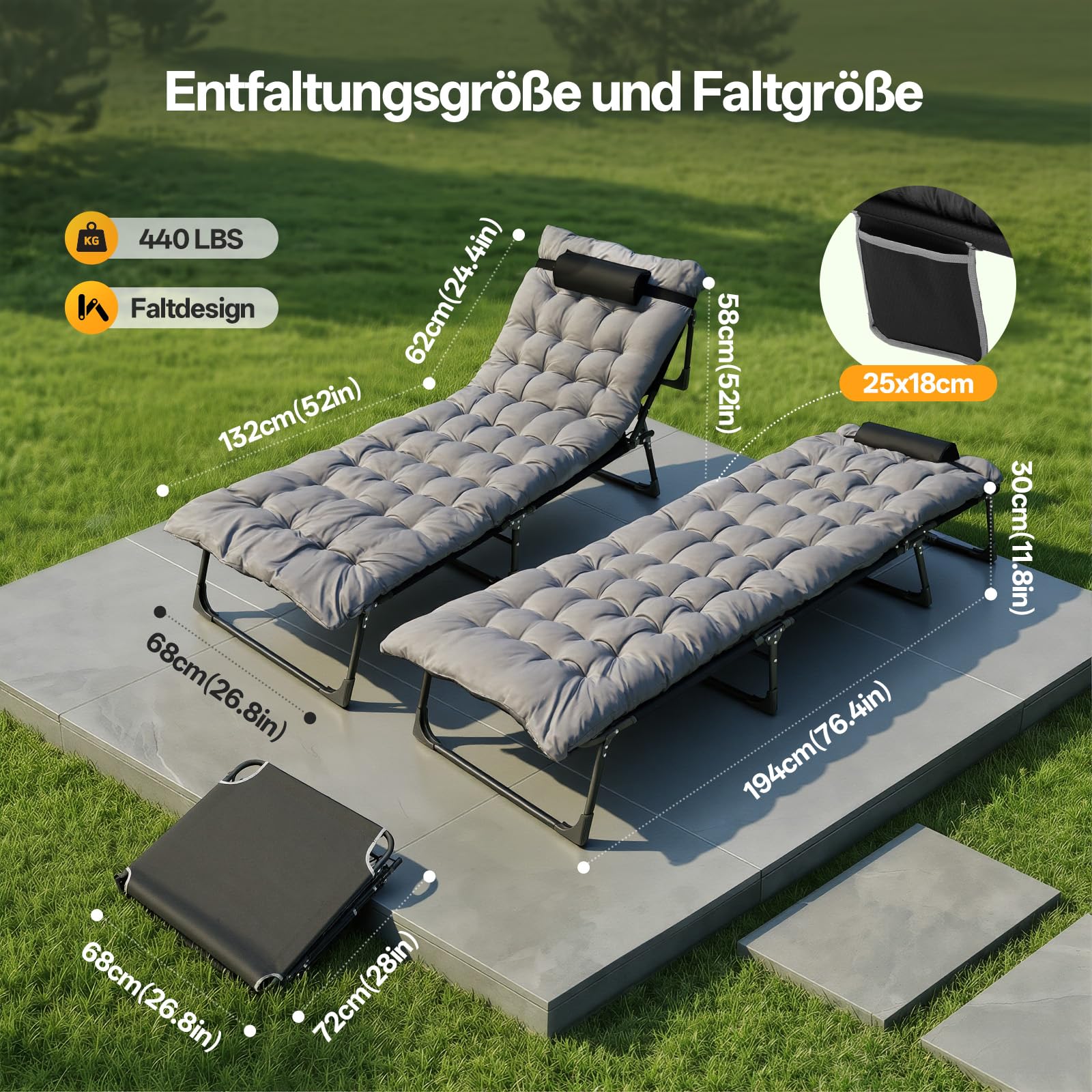 Warmiehomy Übergroße Campingbett, Sonnenliege mit Matratze & Kissen bis 200 kg, 4-Fach verstellbare Rückenlehne, Klappbares Bett, Angelstuhl, Campingbett für Garten, Strand, Sonnenbaden, Reisen, Grau