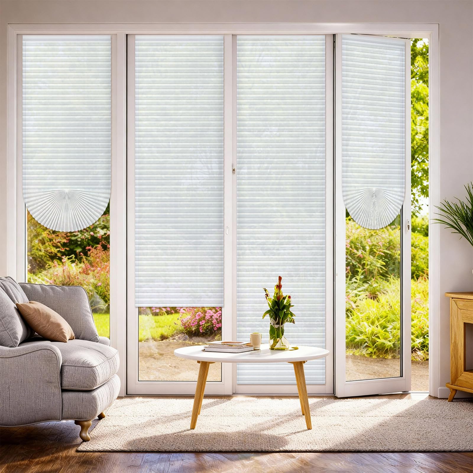 Photo 1 of 4 Pcs 24 x 110 Inches Temporary Blinds for Indoor Windows Blackout No Tools Cut to Size Fabric Paper Pleated Shades Adhesive Privacy Blinds for French Door Sliding Door Light Filtering(White)