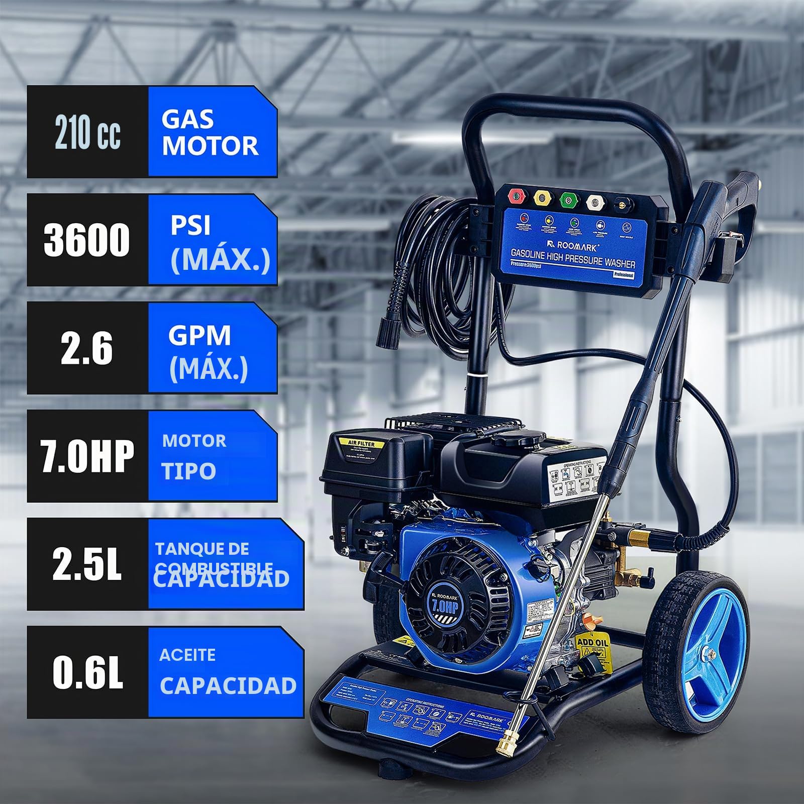 Hidrolimpiadora de Gas,590 L/Hora,248 Bar Alta presión,210cc Hidrolimpiadora Comercial de Alta presión,con 8 Metros Manguera y 5 Boquillas,para Limpieza de Exteriores, vehículos y máquinas