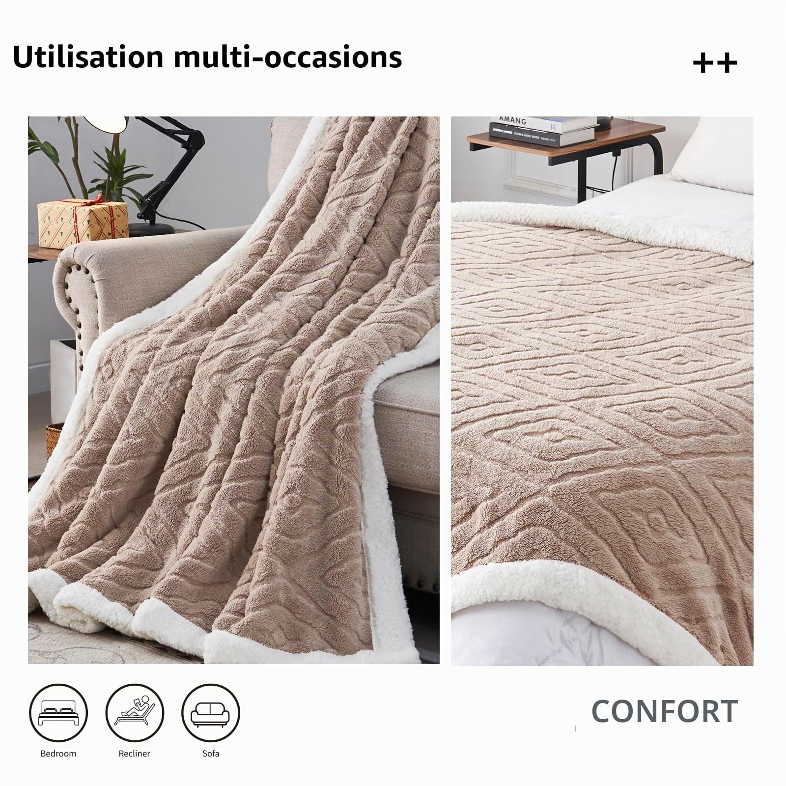EAQ Couverture Plaid Polaire 150X200cm, Douce et Épaisse en Sherpa, Fausse Fourrure pour Canapé et Lit