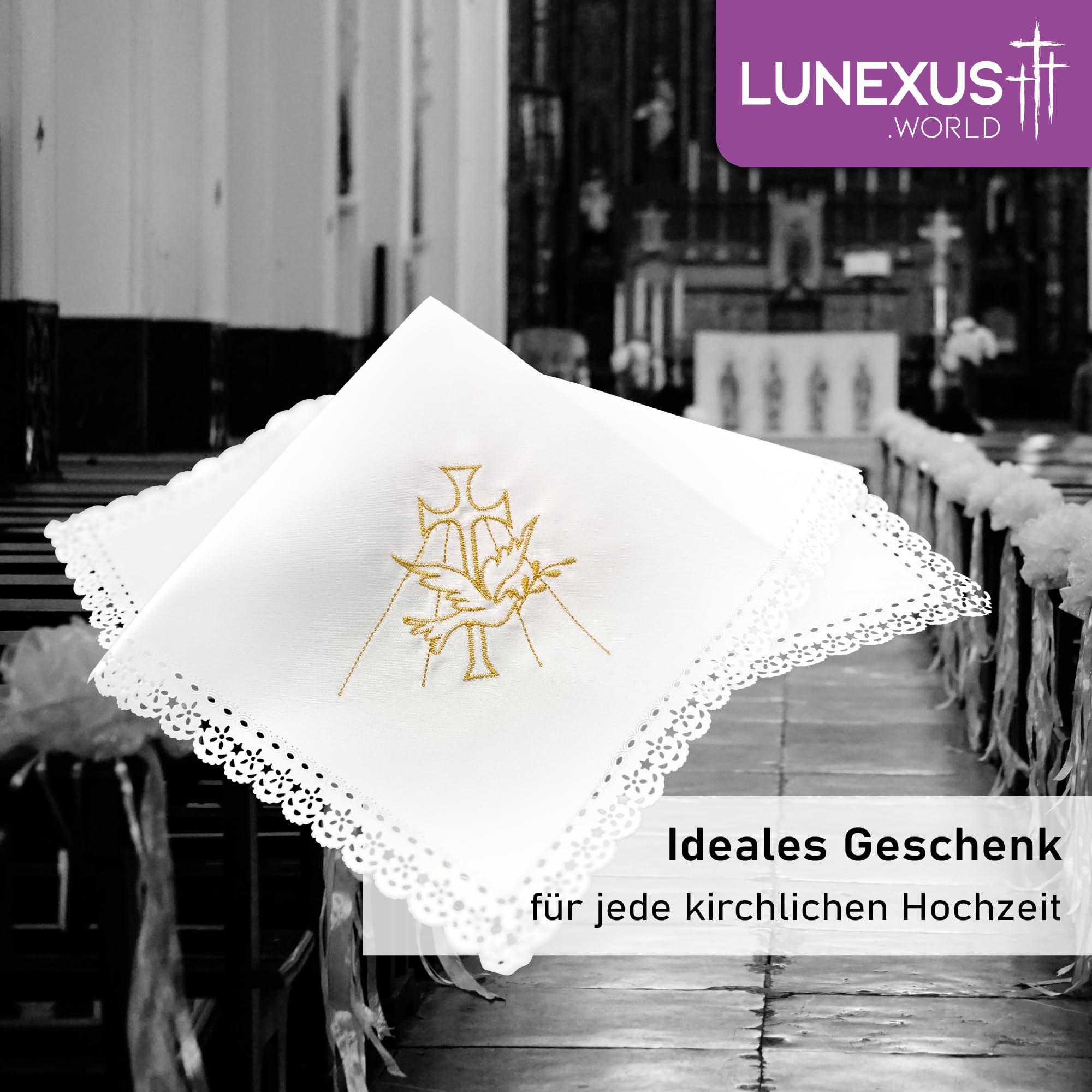 Panno decorativo per battesimo 35 x 35 cm, bianco con ricamo dorato a croce e colomba e bordo in pizzo, panno decorativo per battesimo, candela, pietra per battesimo, comunione, cresima e