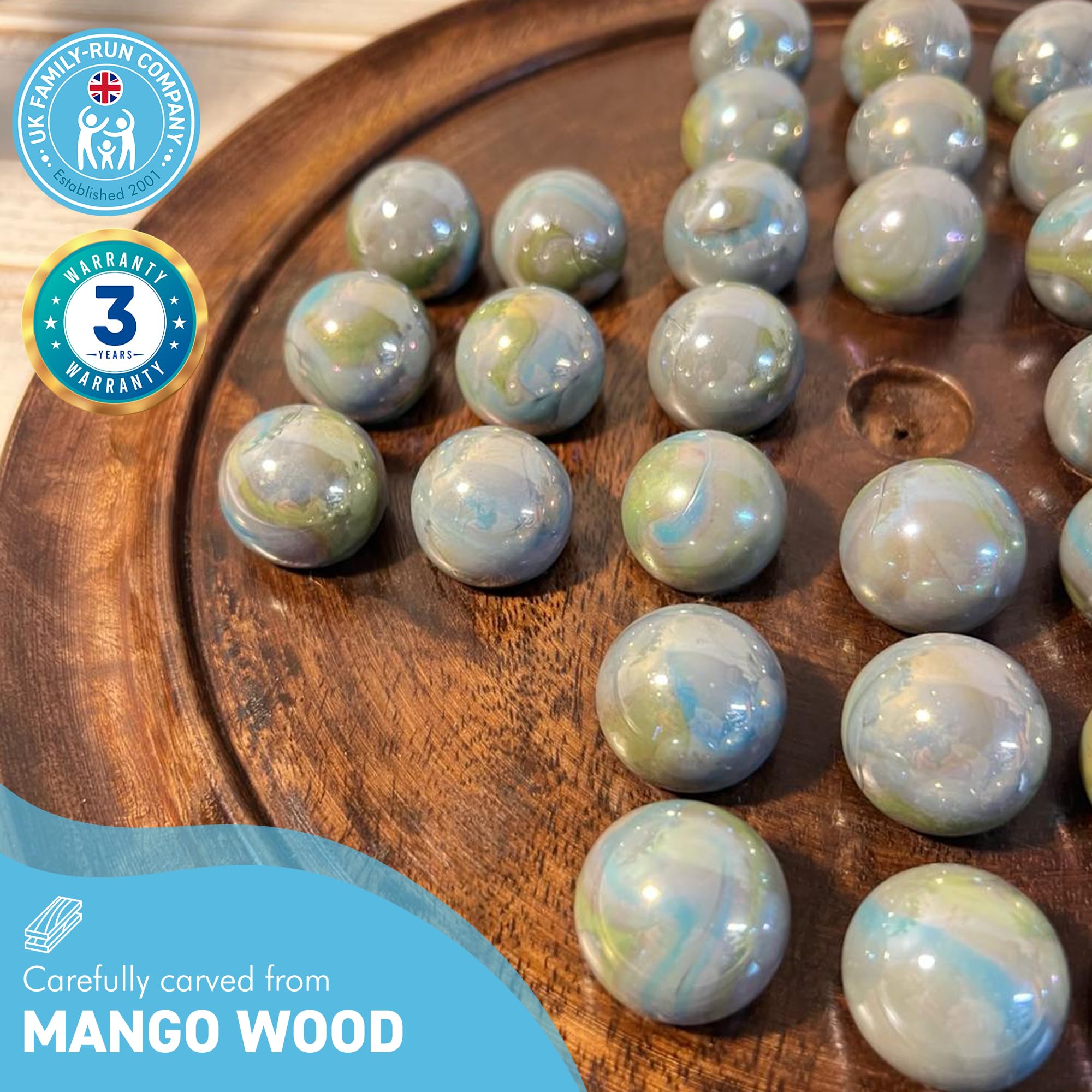 Juego de mesa solitario de madera oscura de 30 cm de diámetro con canicas de vidrio Thunderbolt, juego clásico de solitario de madera, juego de mesa de estrategia