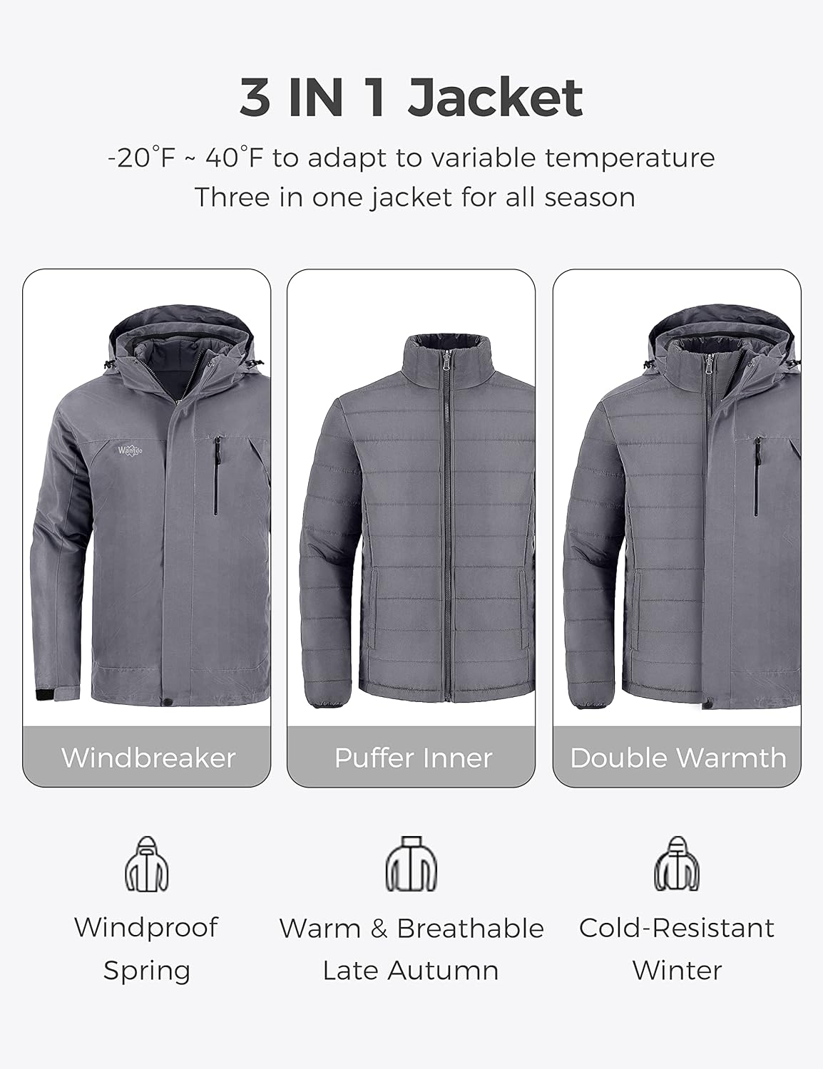 Wantdo Men's Waterproof 3 in 1 Ski Jacket Warm Winter Coat Windproof Snowboarding Jackets with Detachable Puffer Coat - Image 4