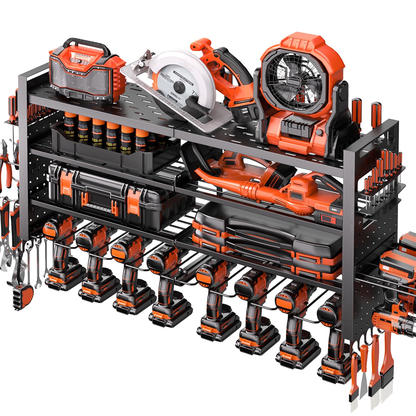 Support mural robuste pour outils électriques, grande organisation de garage avec 10 supports de perceuse sans fil, 4 couches d'organisateurs d'outils et de rangement, porte-outils avec 6 multiprises